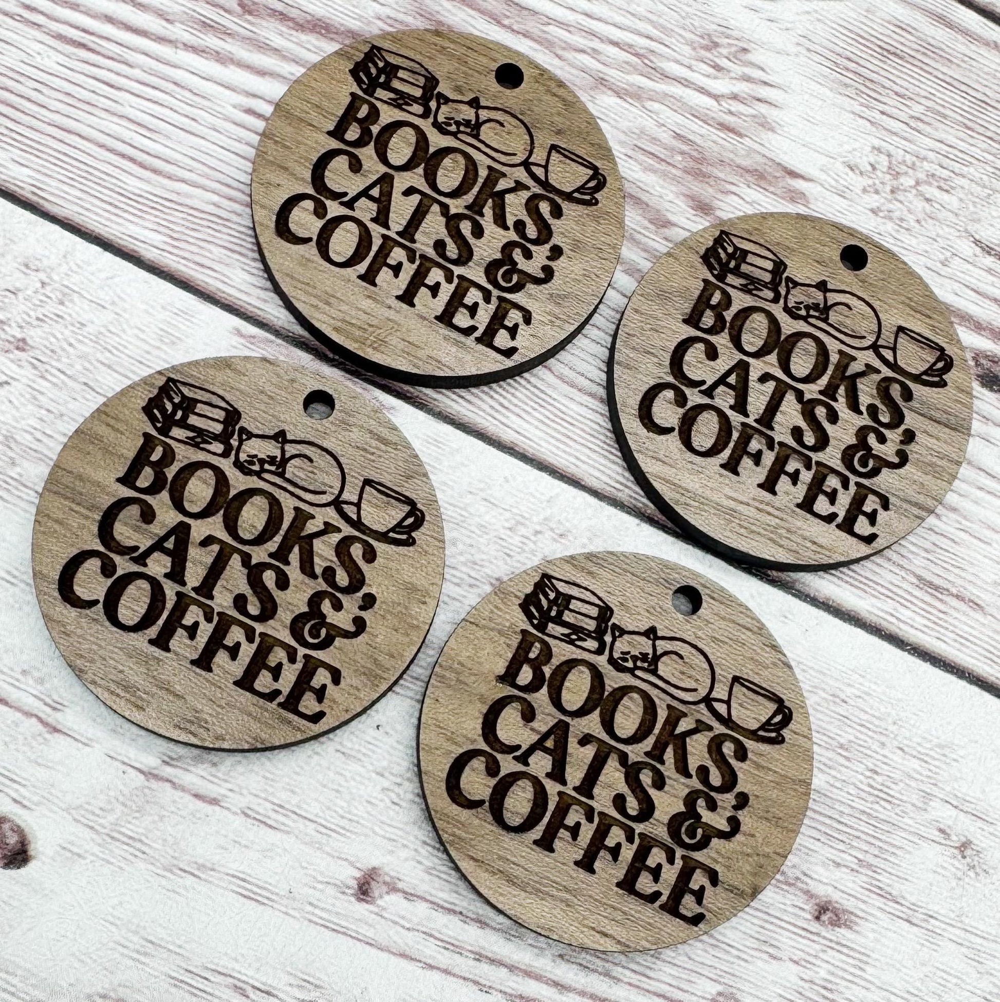 Books Cats and Coffee Engraved Wood Earring Blanks, Finished Walnut Blank, DIY Jewelry Making