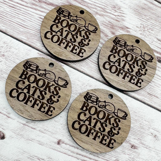 Books Cats and Coffee Engraved Wood Earring Blanks, Finished Walnut Blank, DIY Jewelry Making