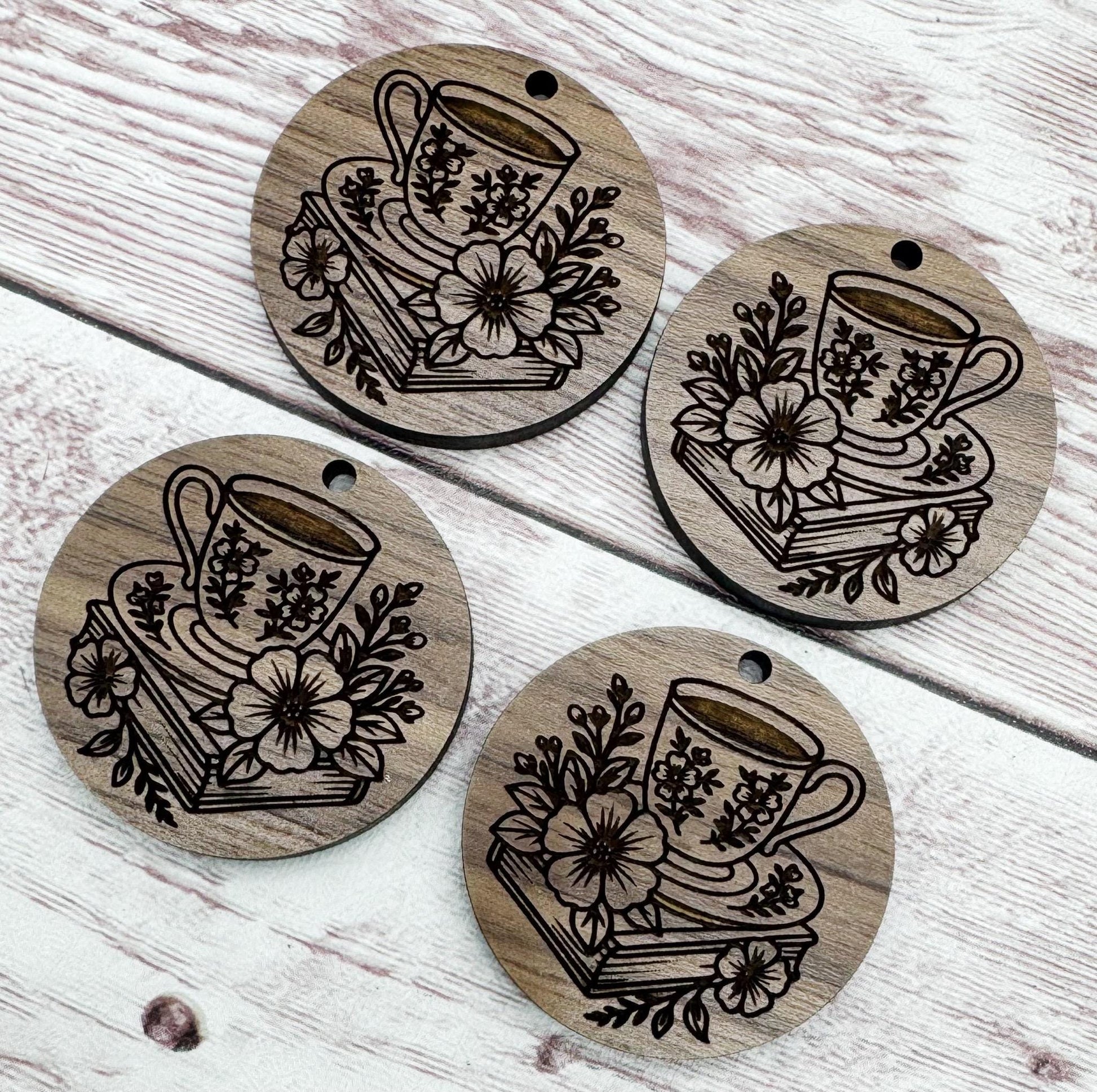 Floral Books and Tea Coffee Engraved Wood Earring Blanks, Finished Walnut Blank, DIY Jewelry Making