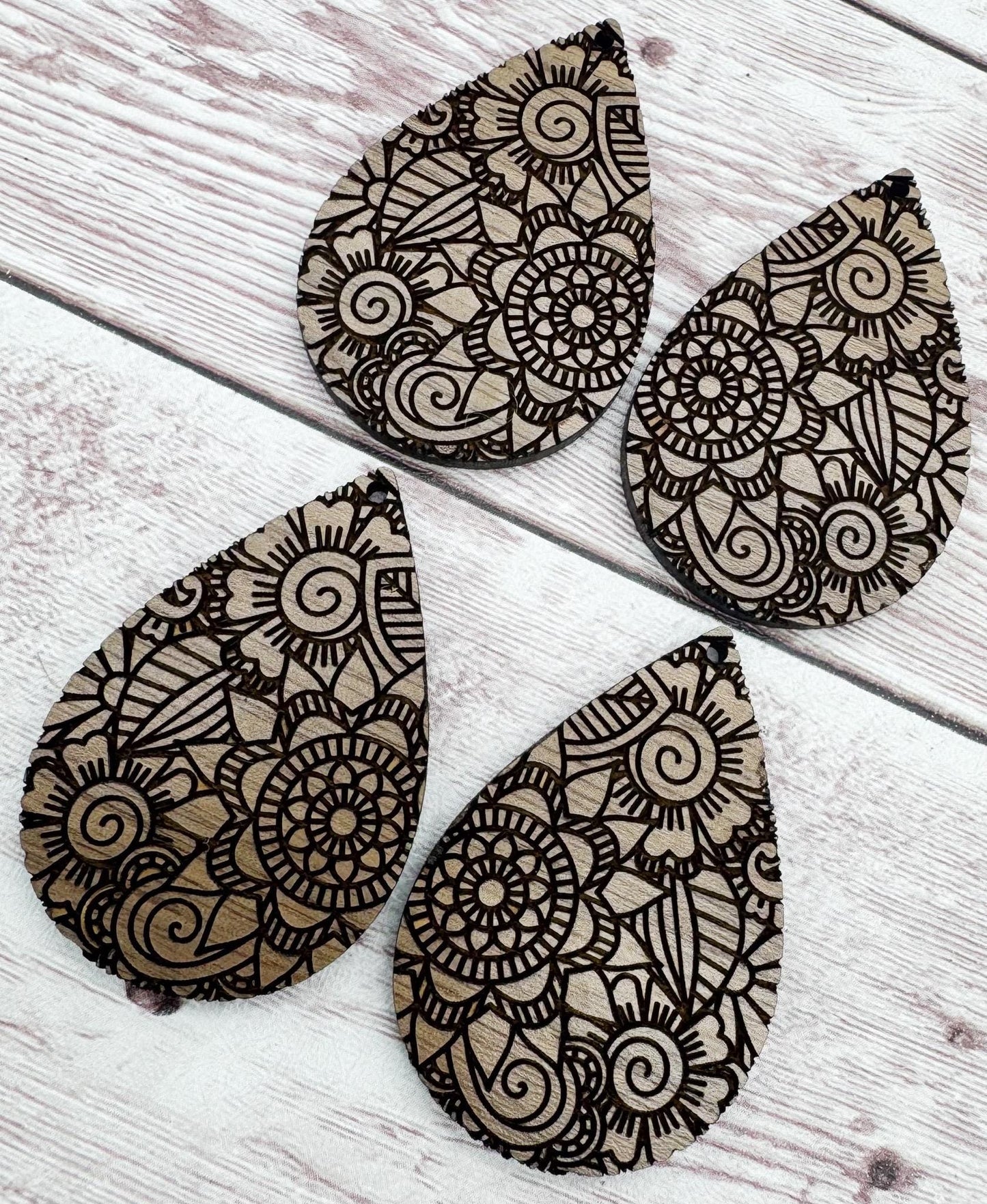 Boho Mandala Doodle Engraved Walnut Wood Earring Blanks, DIY Jewelry Making