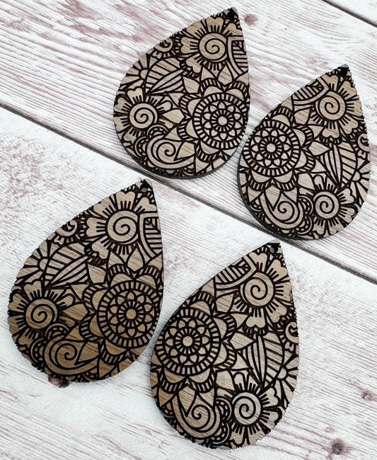 Boho Mandala Doodle Engraved Walnut Wood Earring Blanks, DIY Jewelry Making