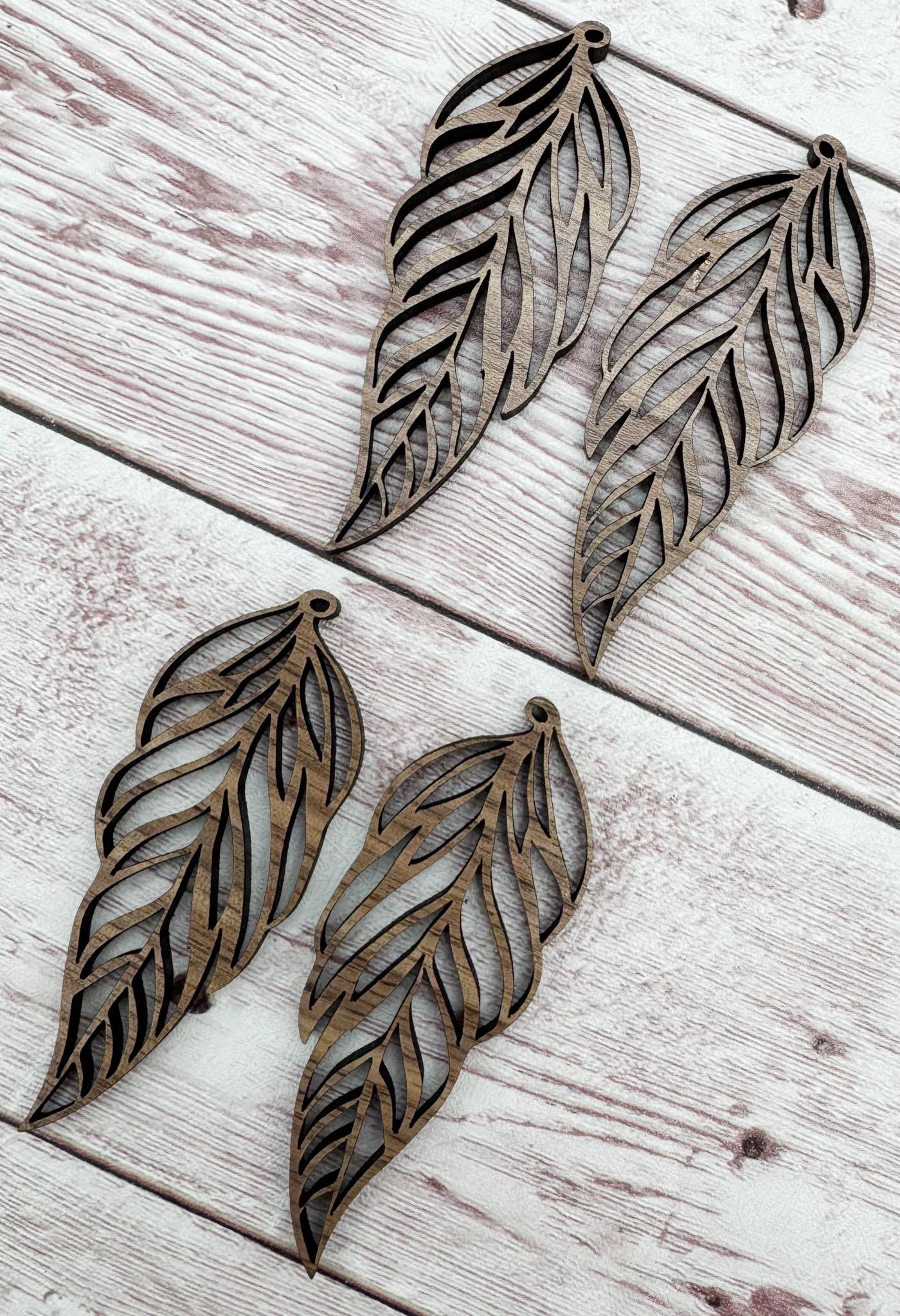 Wood Boho Intricate Feather Earring Blanks, Finished Walnut Blank, DIY Jewelry Making