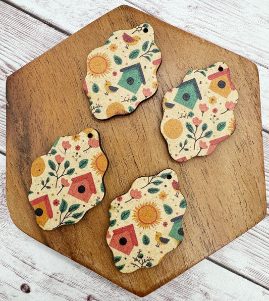 Patterned Birdhouse, Sun, and Flower Print Wavy Wood Earring Blanks, DIY Jewelry Making