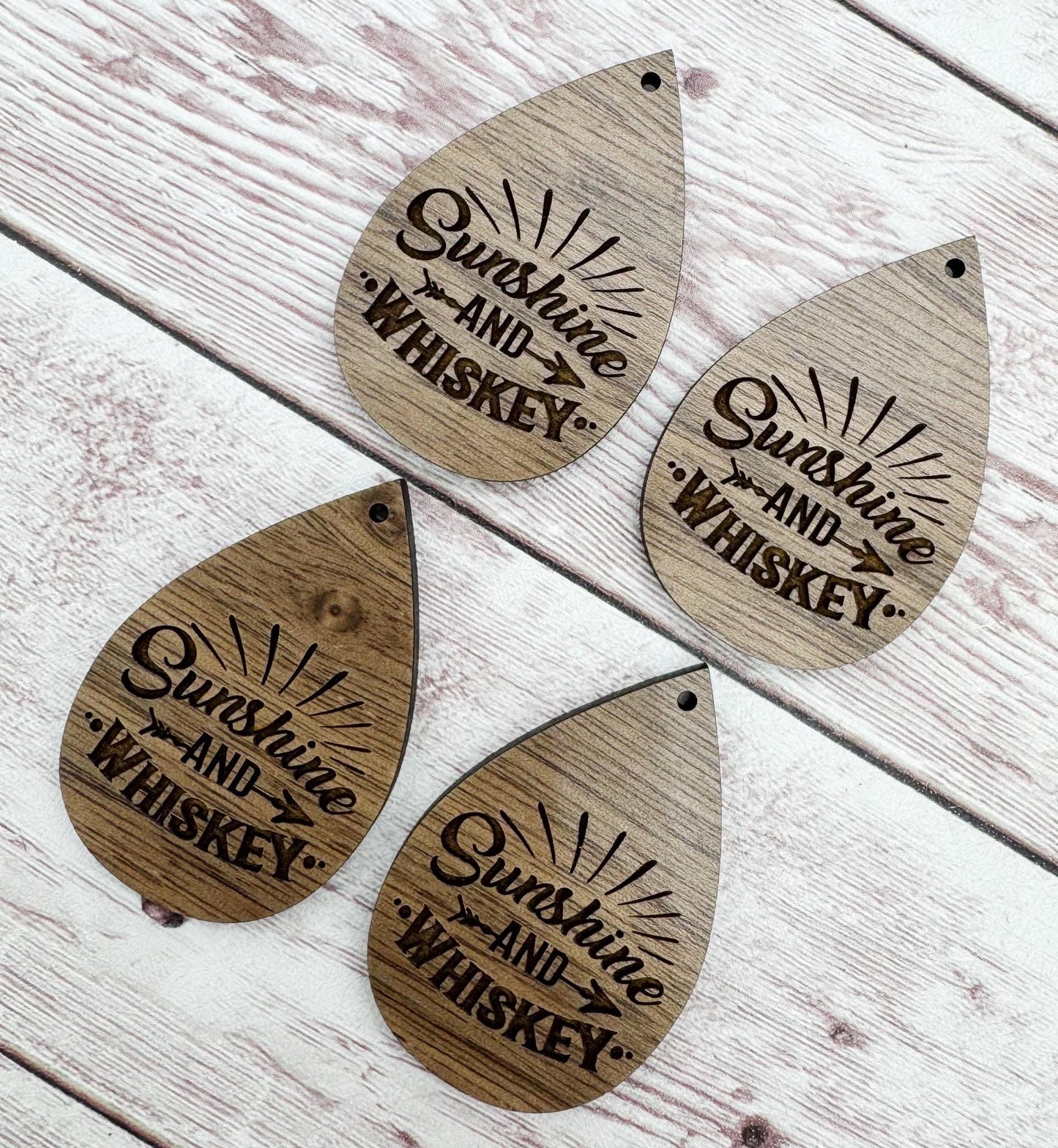 Wood Engraved Sunshine and Whiskey Earring Blanks, Finished Walnut Blank, DIY Jewelry Making