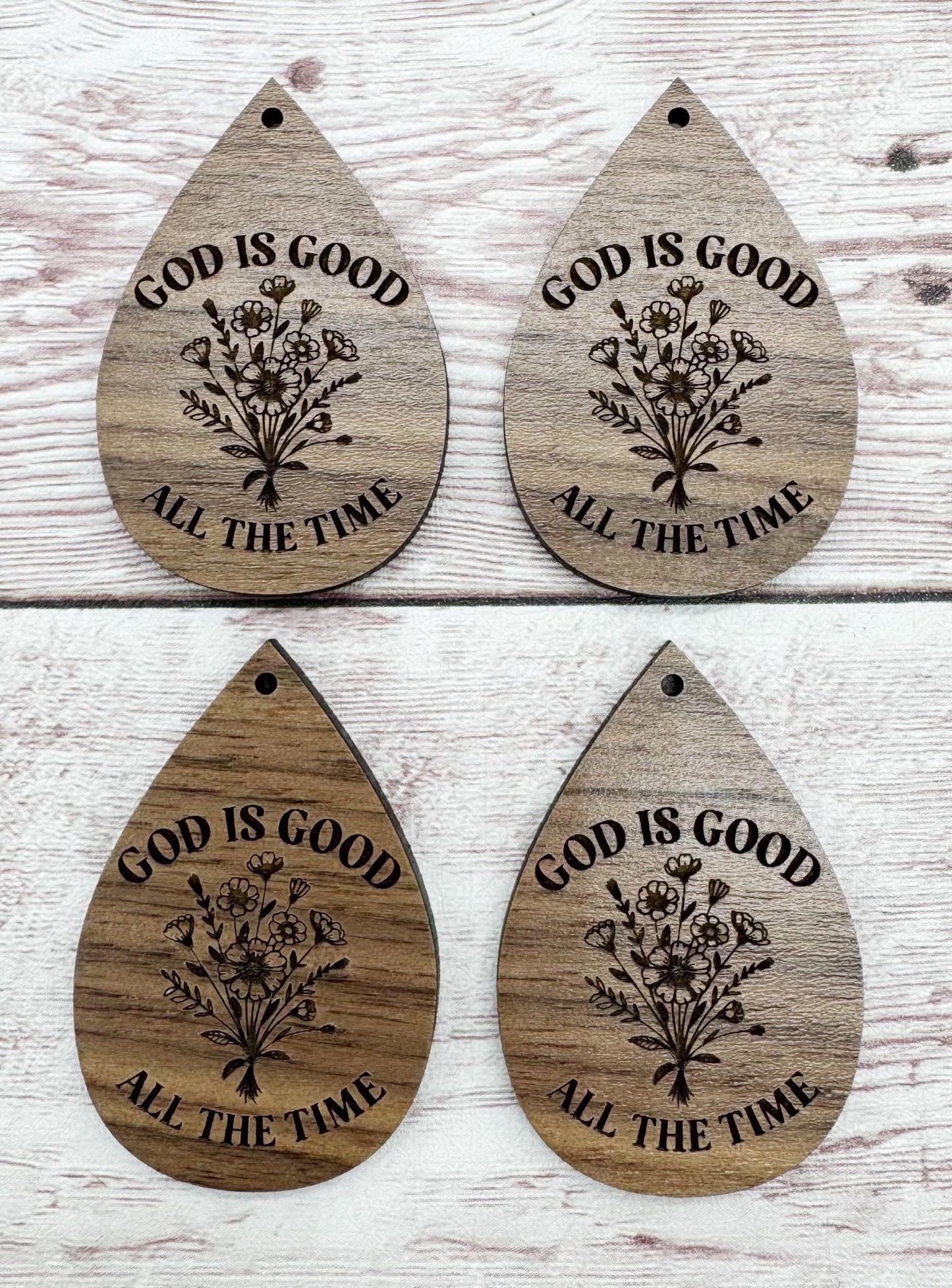 Wood Engraved God is Good All the Time Floral Religious Earring Blanks, Finished Walnut Blank, DIY Jewelry Making