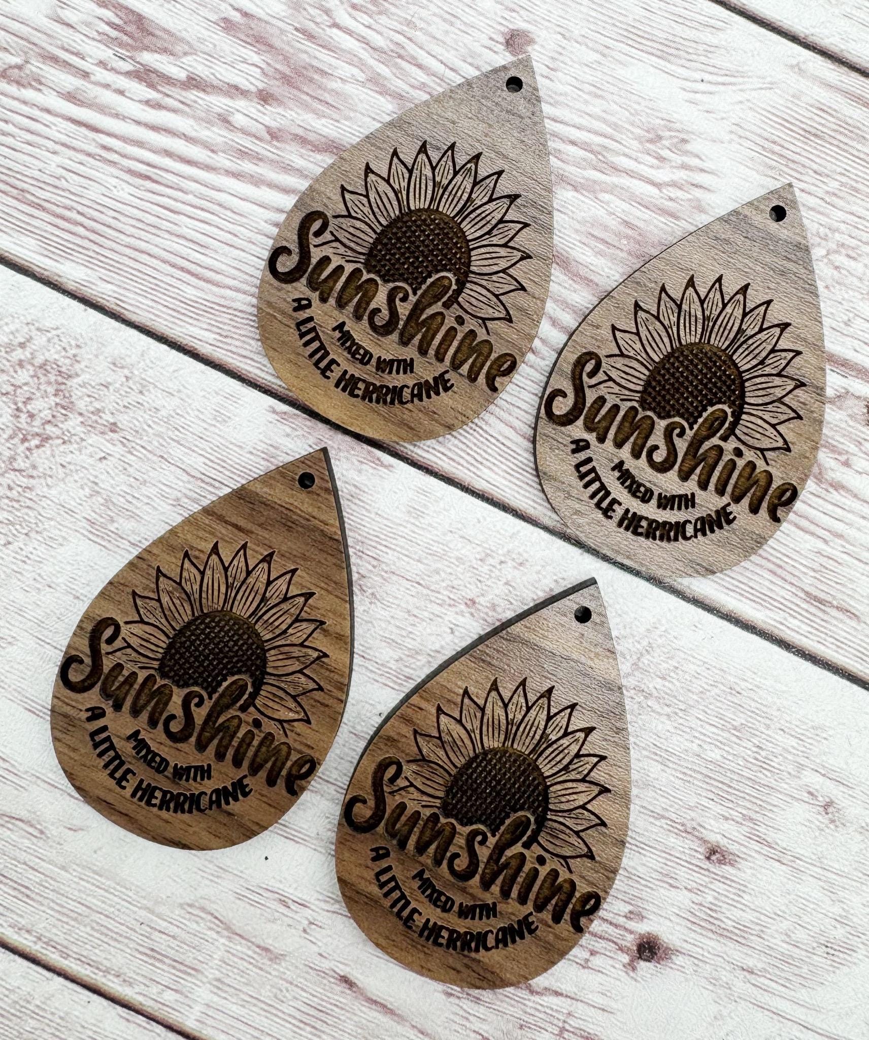 Wood Engraved Sunshine Mixed With a Little Hurricane Earring Blanks, Finished Walnut Blank, DIY Jewelry Making