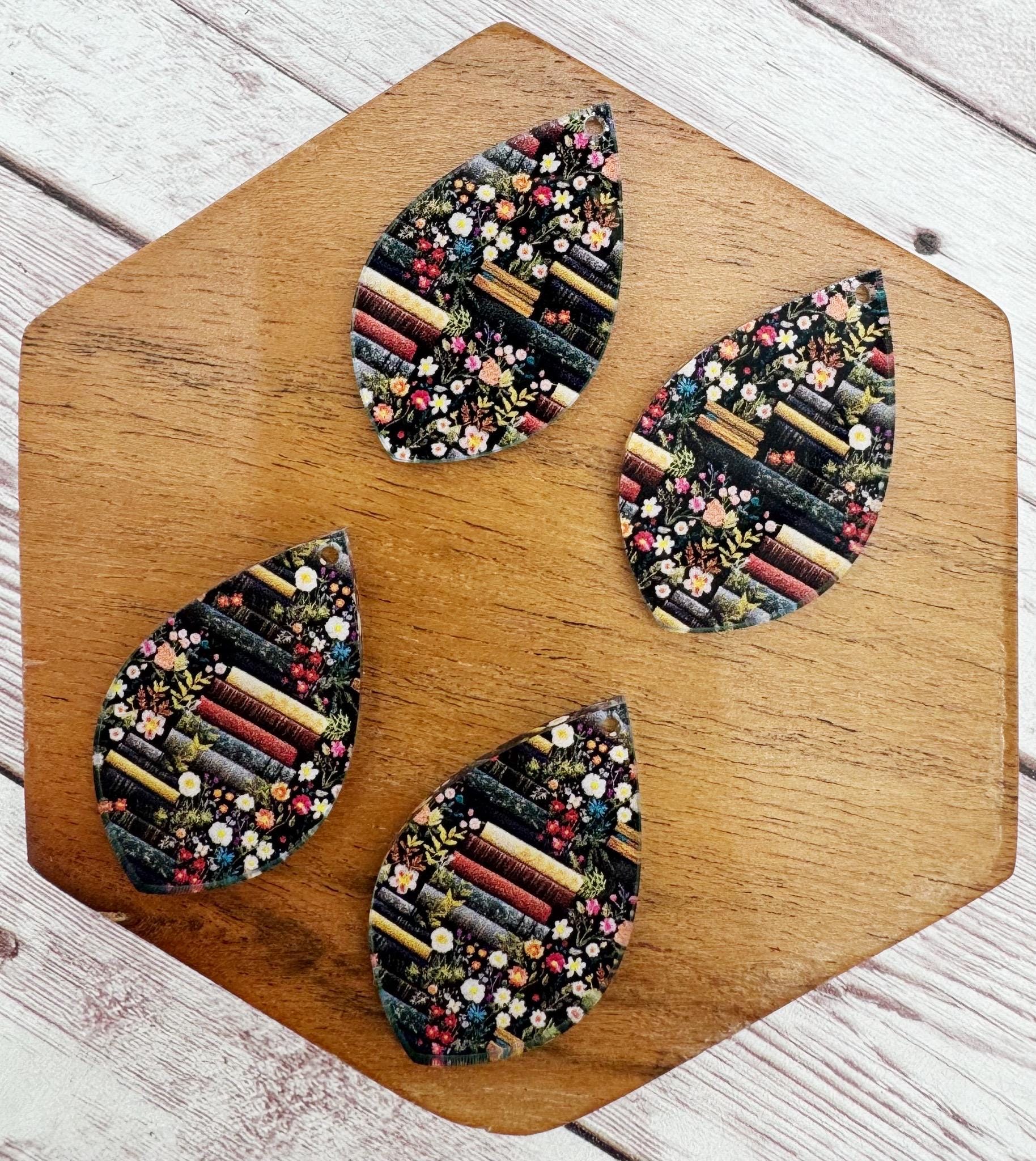 Floral Book Reading Books Print Acrylic Teardrop Earring Blanks, DIY Jewelry Making