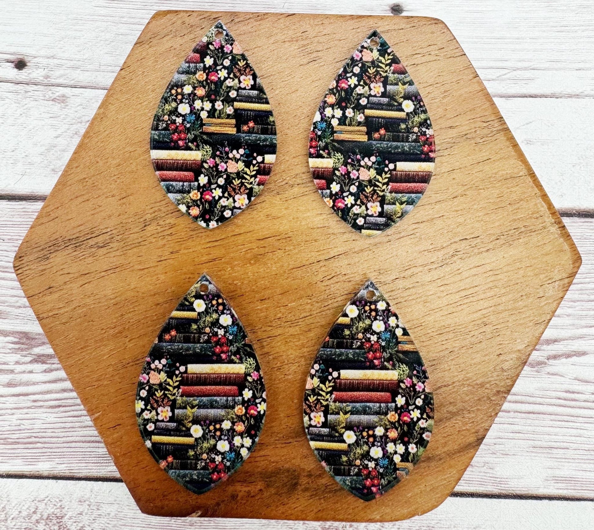 Floral Book Reading Books Print Acrylic Teardrop Earring Blanks, DIY Jewelry Making
