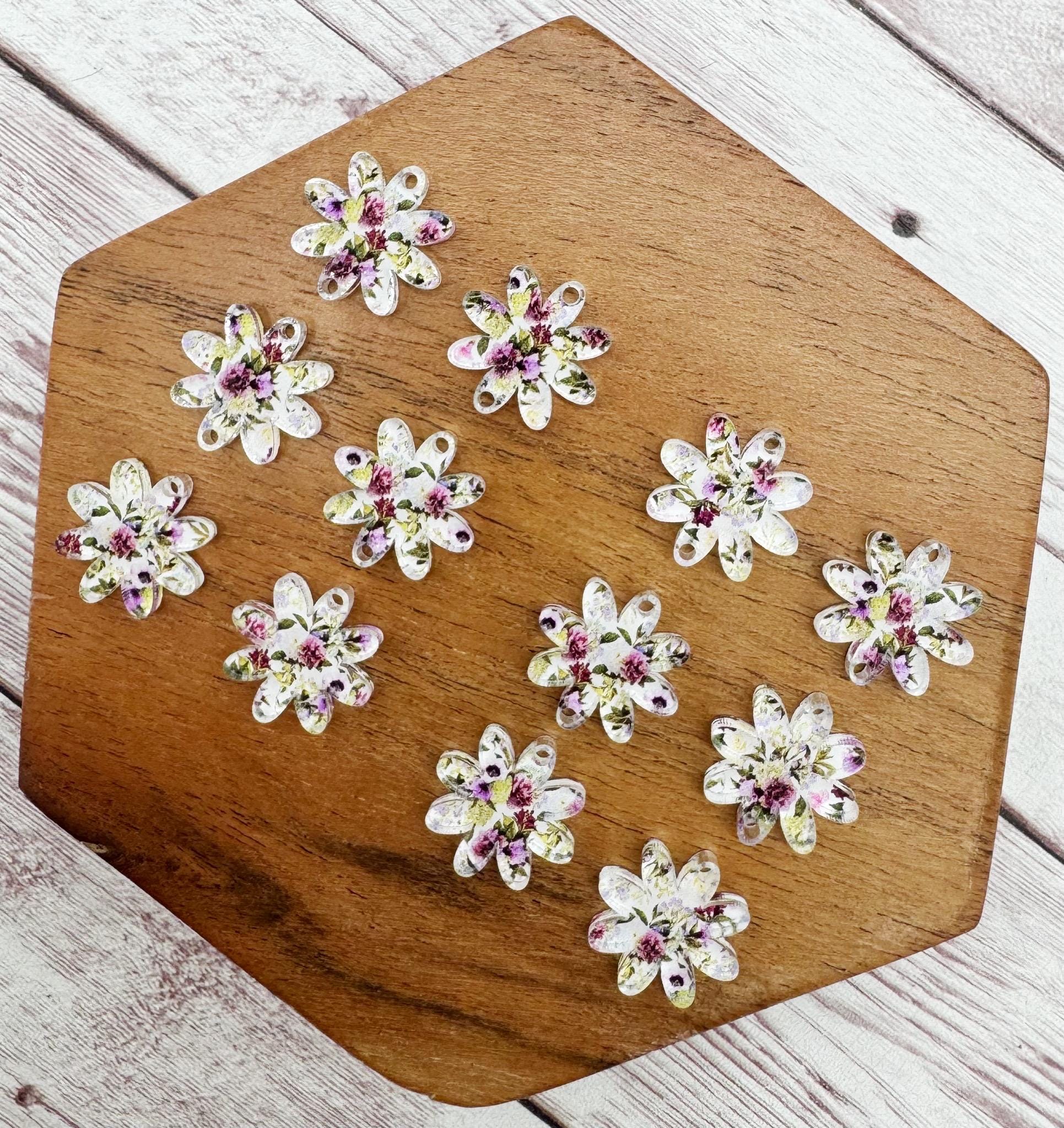 Purple Floral Print Acrylic Flower Trio Acrylic Earring Blanks, DIY Jewelry Making