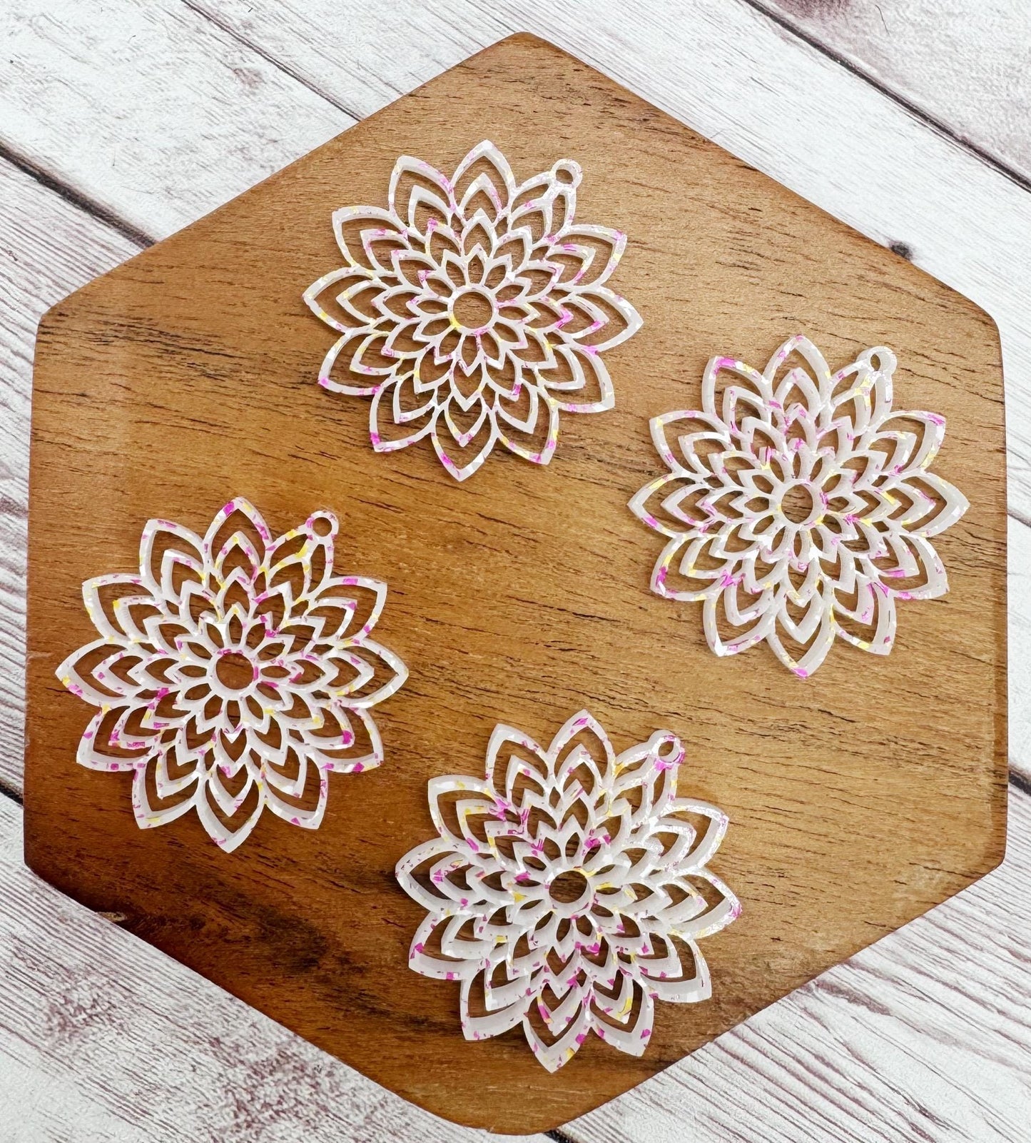 Pink and Yellow Shimmer Speckled Intricate Flower Acrylic Earring Blanks, DIY Jewelry Making
