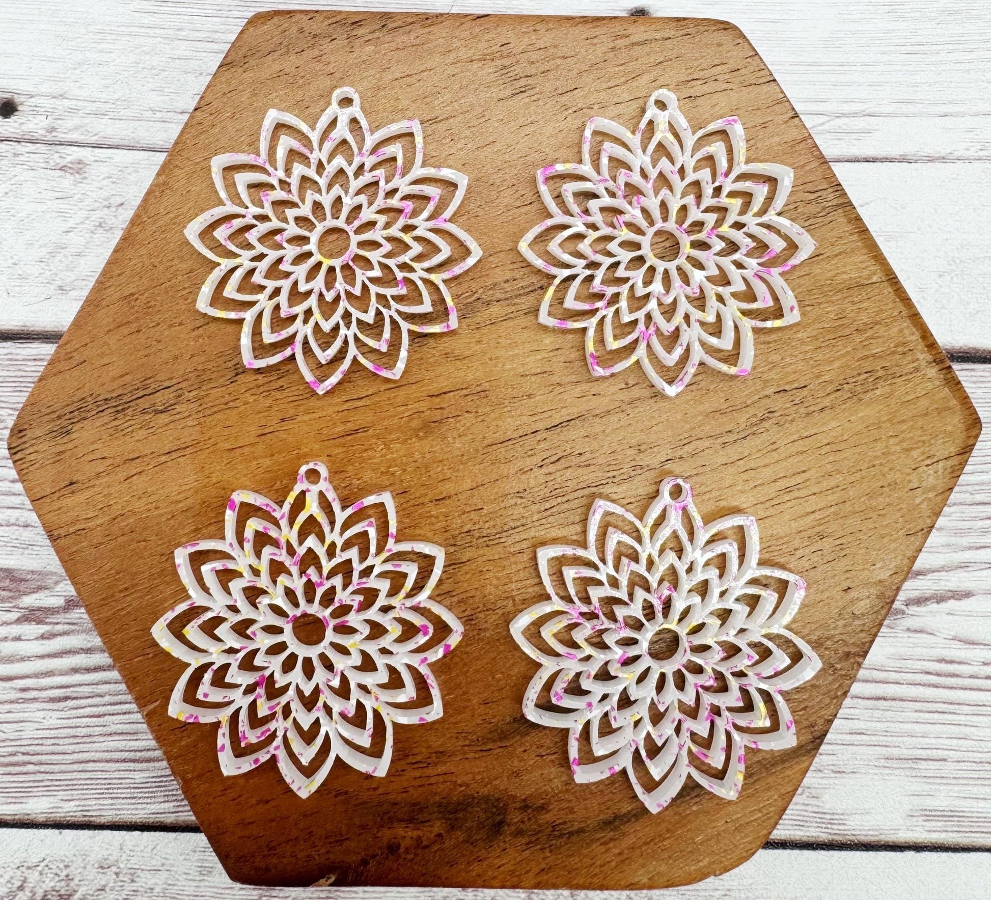 Pink and Yellow Shimmer Speckled Intricate Flower Acrylic Earring Blanks, DIY Jewelry Making