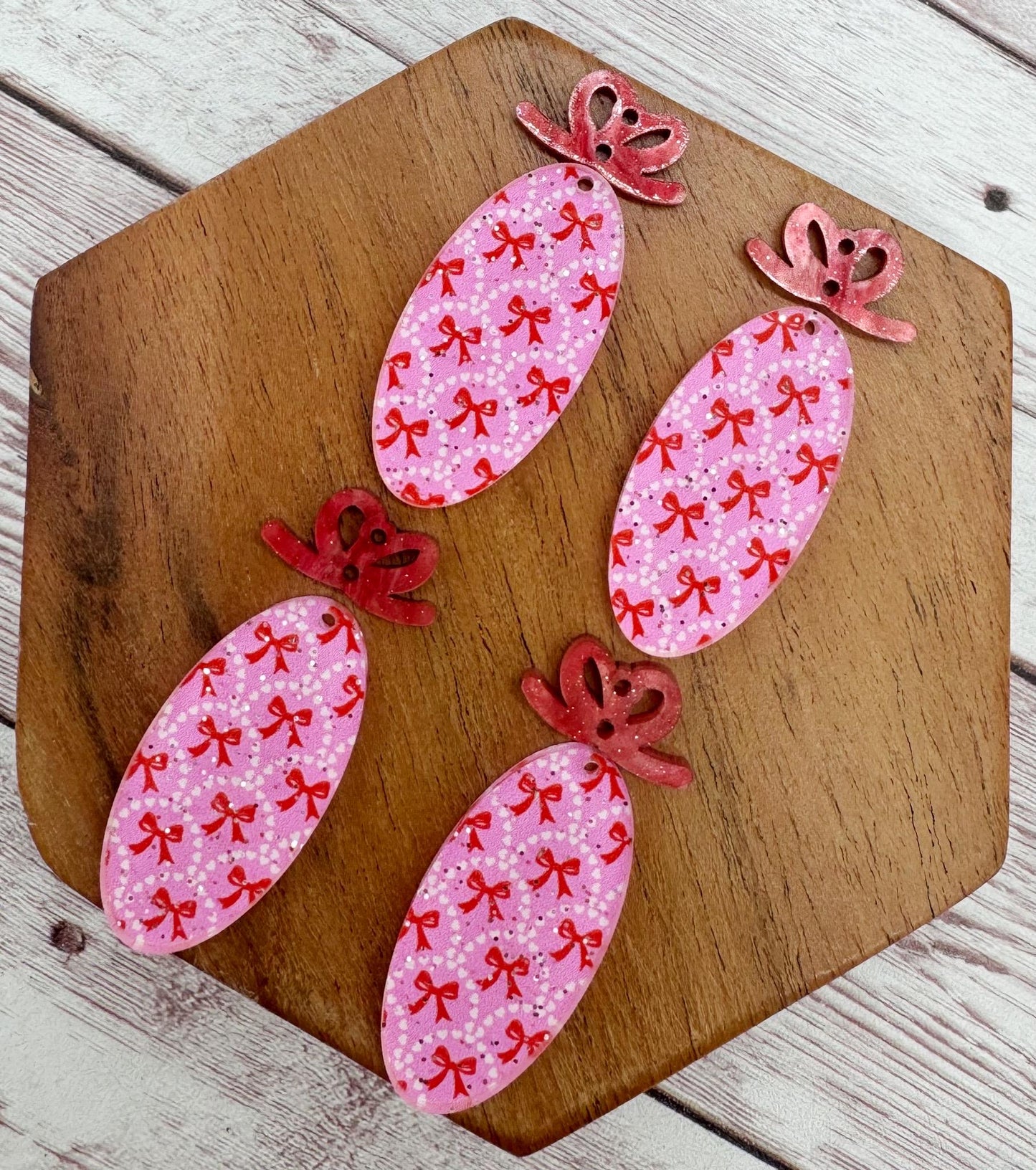 Valentine Glitter Bow Print Oval and Mini Bow Connector Set Acrylic Earring Blanks, DIY Jewelry Making