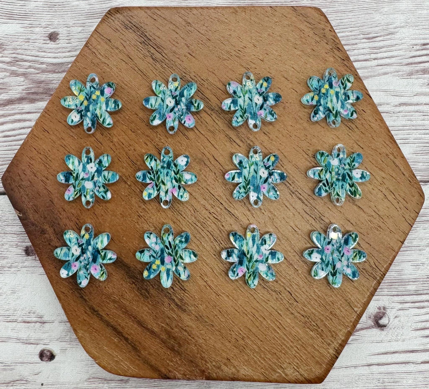 Green, Blue, Pink Floral Print Acrylic Flower Trio Acrylic Earring Blanks, DIY Jewelry Making
