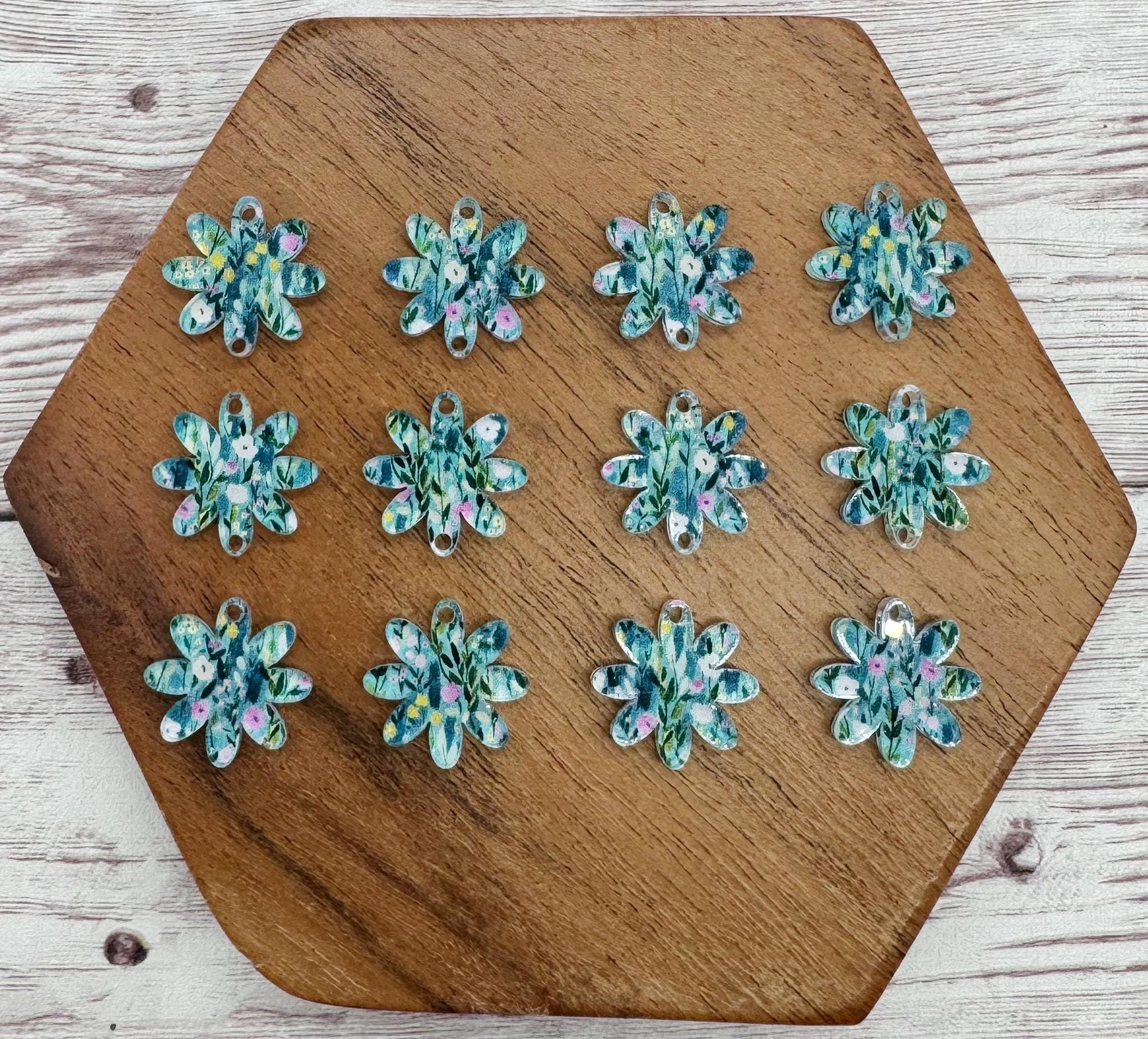 Green, Blue, Pink Floral Print Acrylic Flower Trio Acrylic Earring Blanks, DIY Jewelry Making