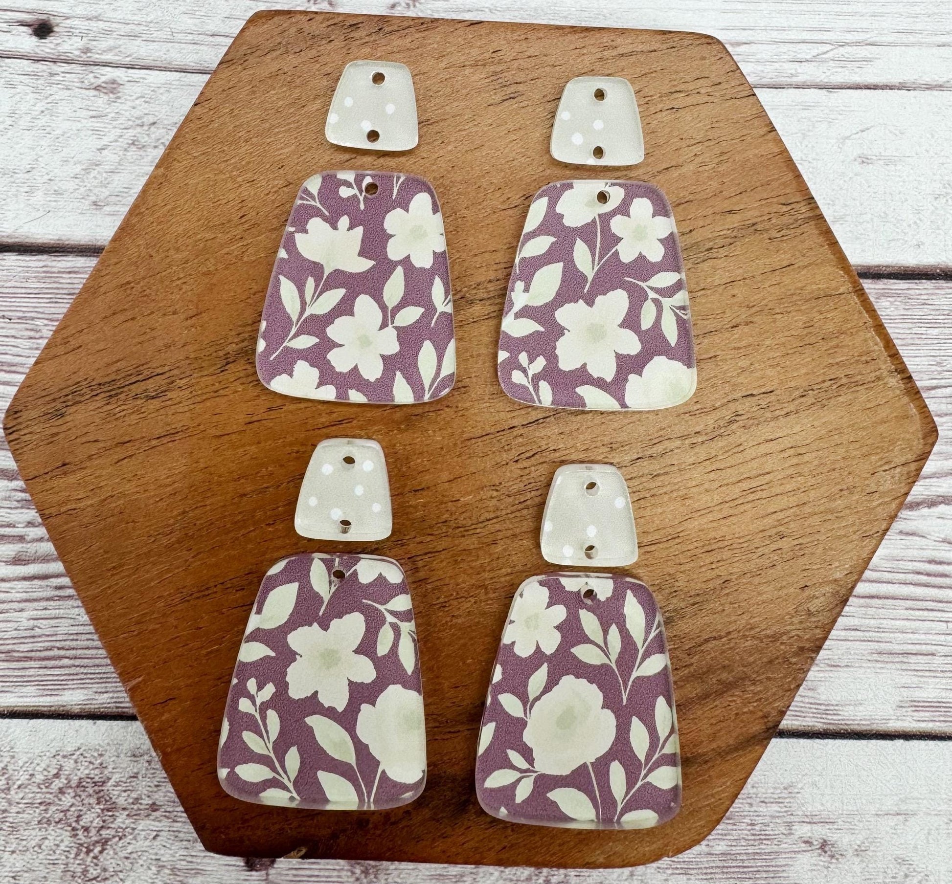 Purple and Beige Floral Print Acrylic Trapezoid and Connector Set Earring Blanks, DIY Jewelry Making