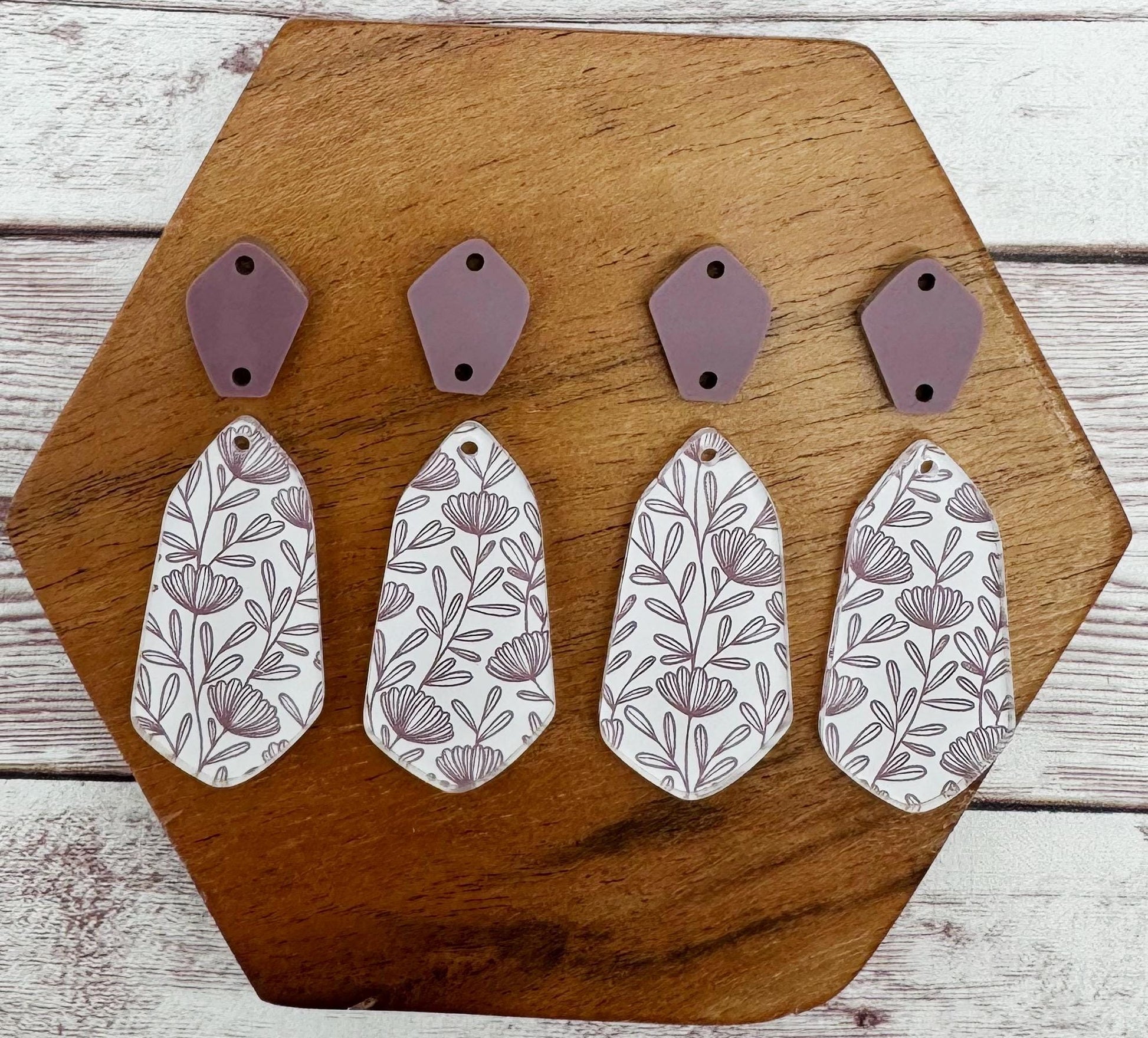 Purple and White Floral Print Double Diamond Acrylic Set Earring Blanks, DIY Jewelry Making