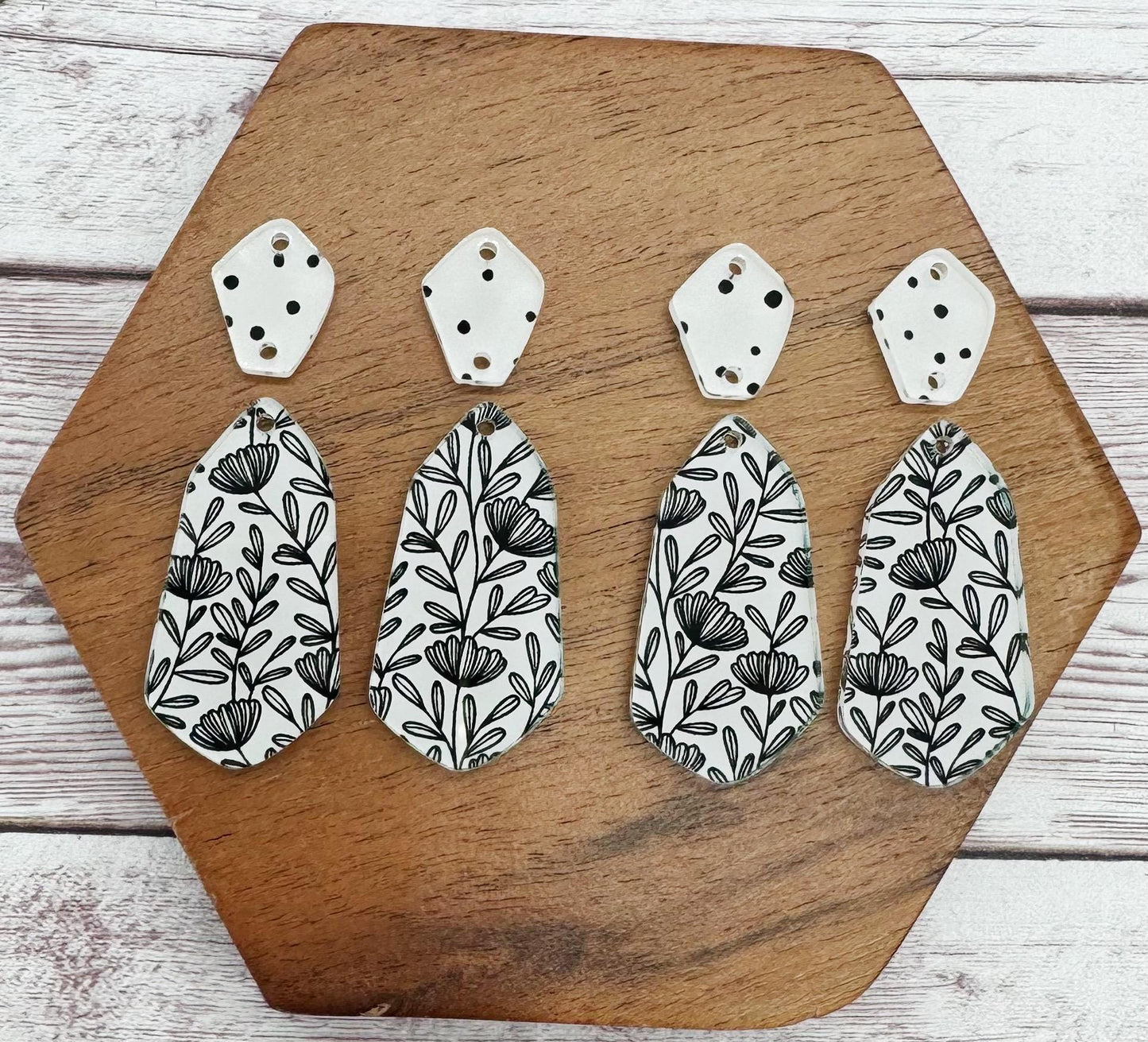 Black and White Floral Print Double Diamond Acrylic Set Earring Blanks, DIY Jewelry Making