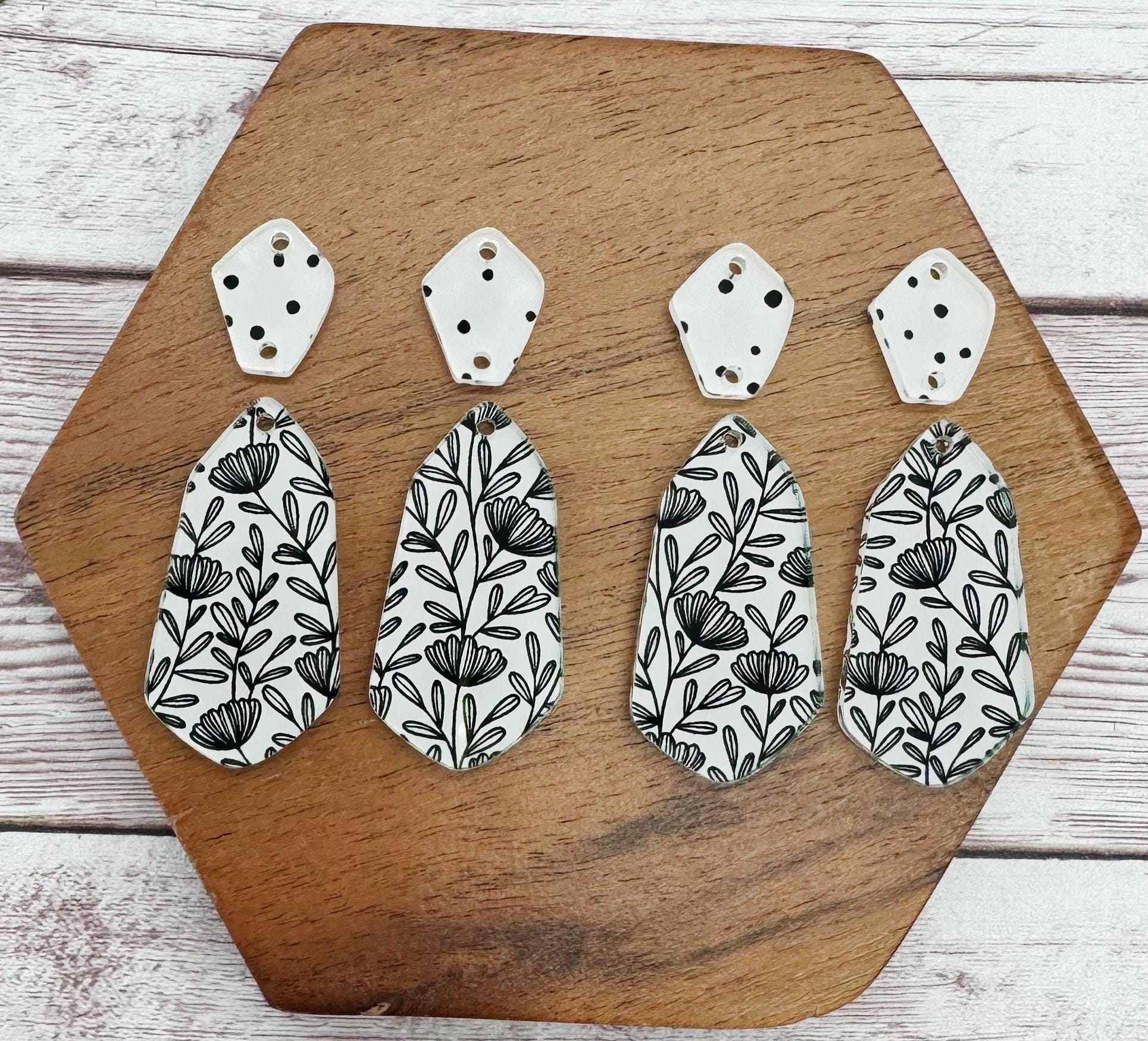 Black and White Floral Print Double Diamond Acrylic Set Earring Blanks, DIY Jewelry Making