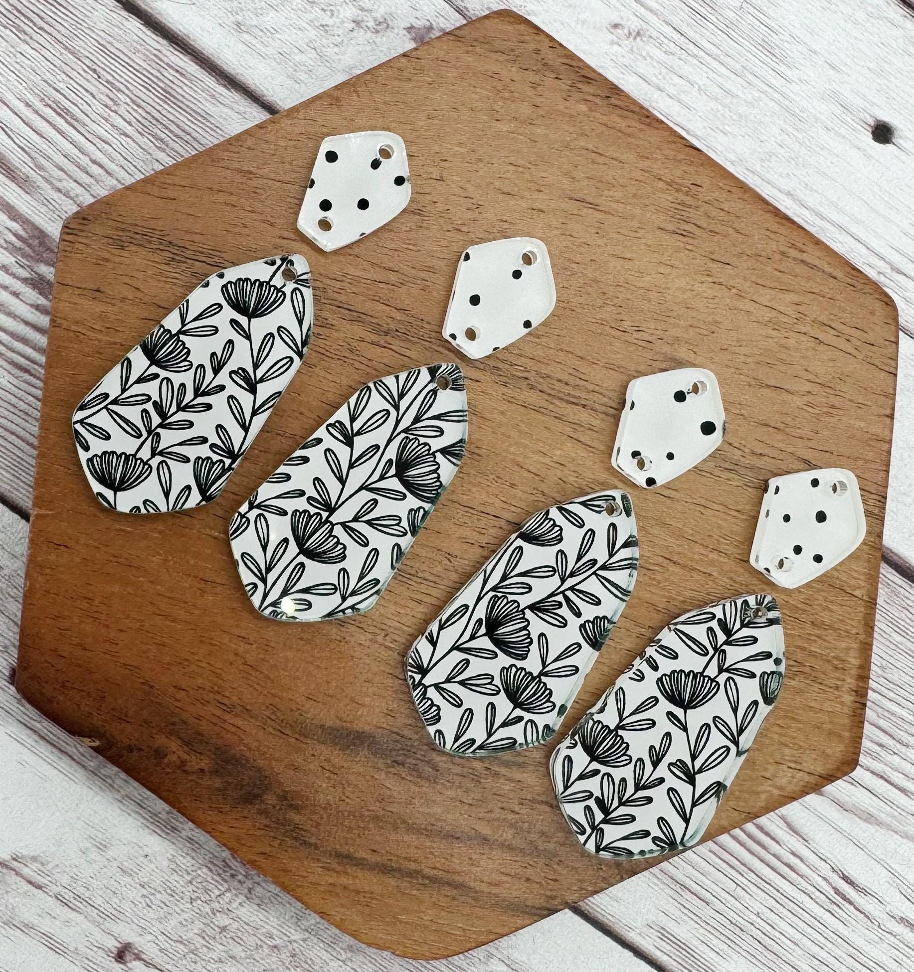 Black and White Floral Print Double Diamond Acrylic Set Earring Blanks, DIY Jewelry Making