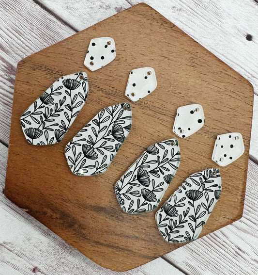 Black and White Floral Print Double Diamond Acrylic Set Earring Blanks, DIY Jewelry Making