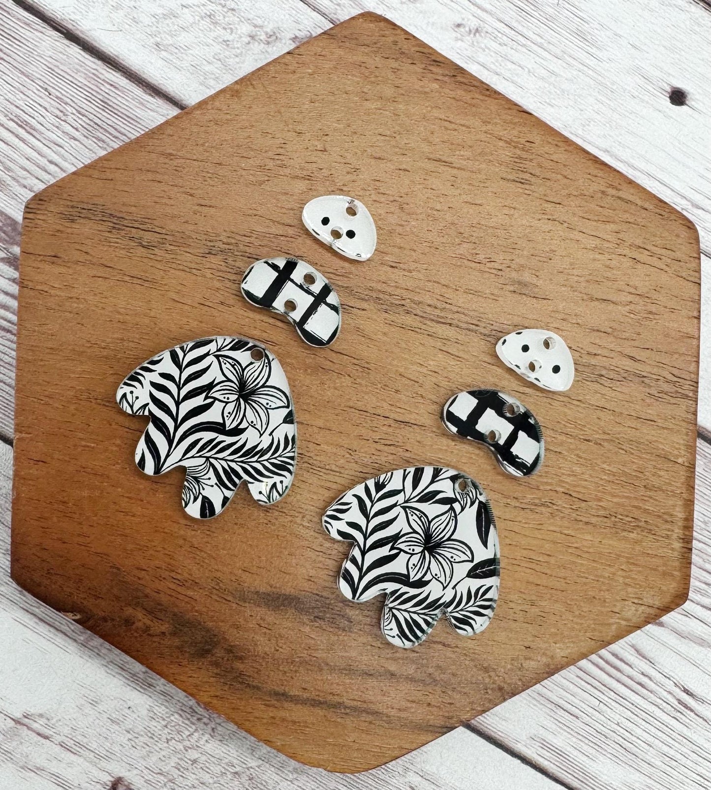 Black and White Floral Print Boho Acrylic Trio Set Earring Blanks, DIY Jewelry Making