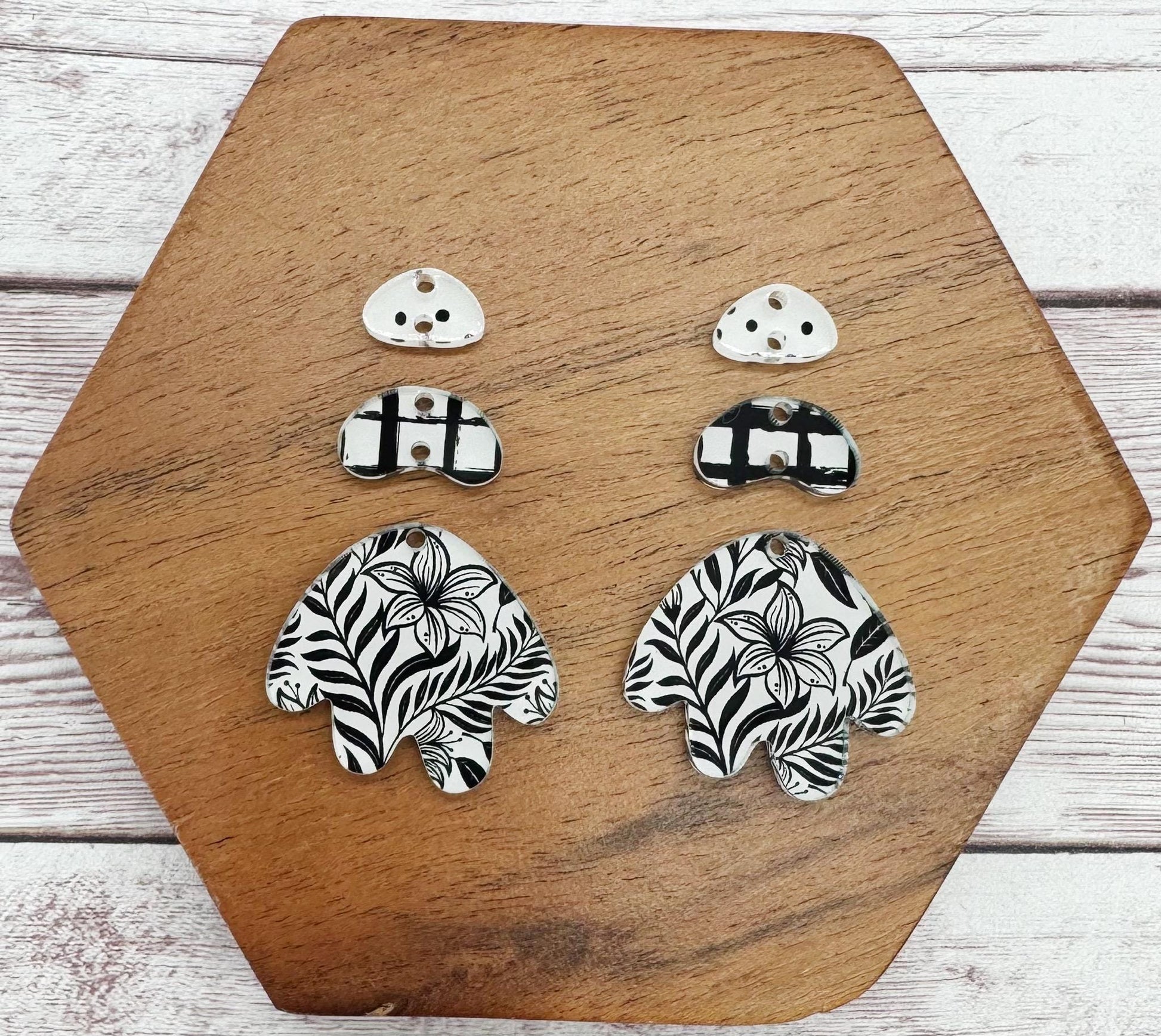 Black and White Floral Print Boho Acrylic Trio Set Earring Blanks, DIY Jewelry Making