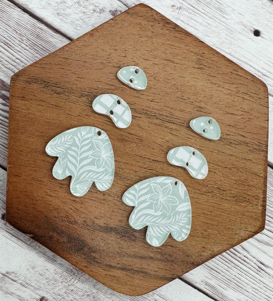 Sage and White Fern Print Boho Acrylic Trio Set Earring Blanks, DIY Jewelry Making