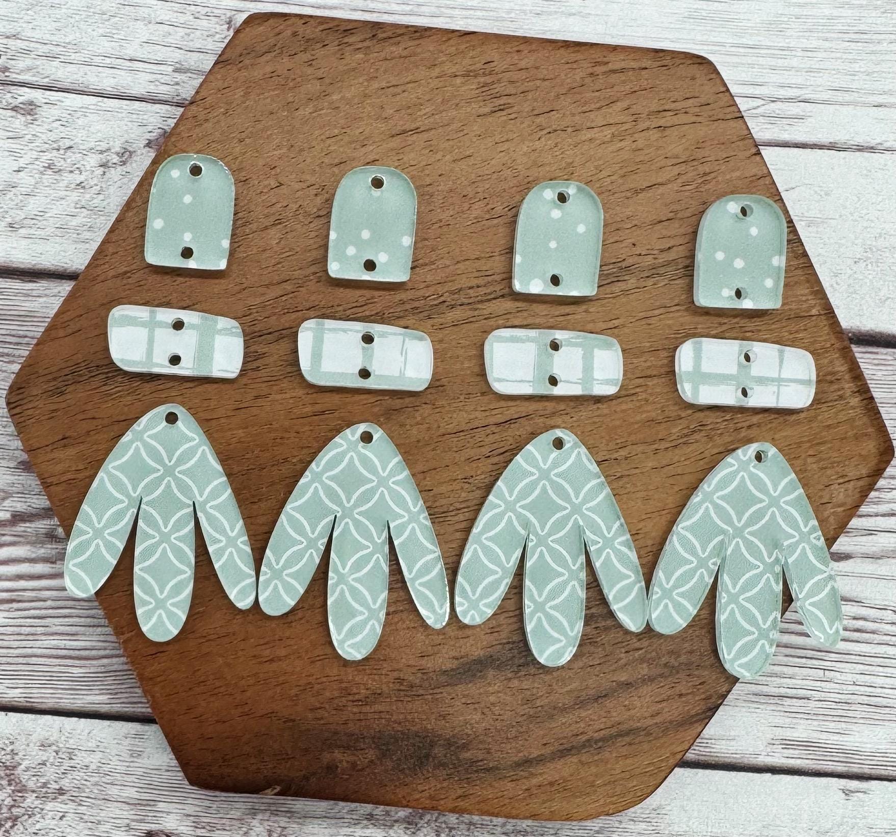 Sage and White Geometric Print Boho Acrylic Trio Set Earring Blanks, DIY Jewelry Making