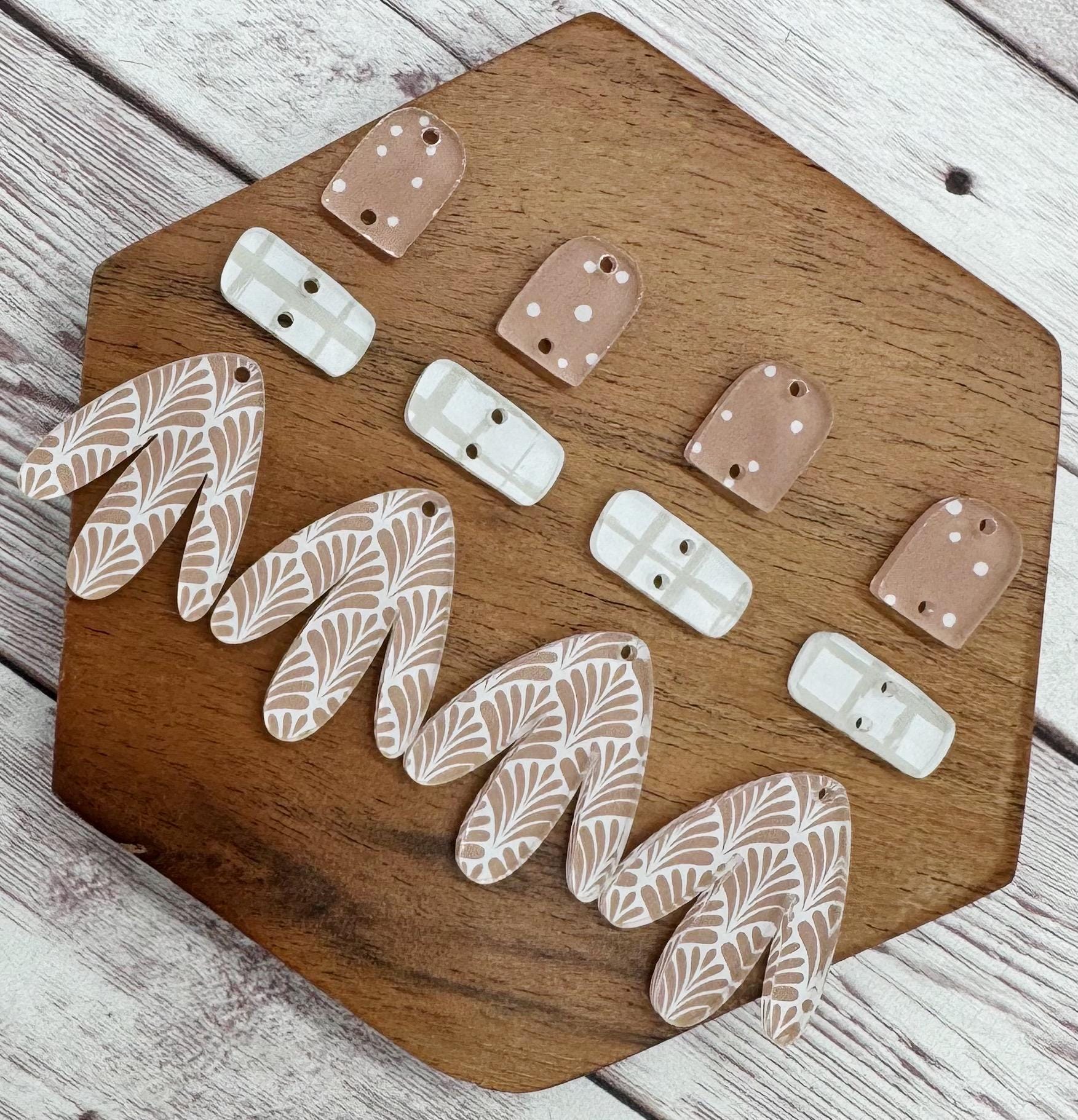 Clay and White Fan Print Boho Acrylic Trio Set Earring Blanks, DIY Jewelry Making