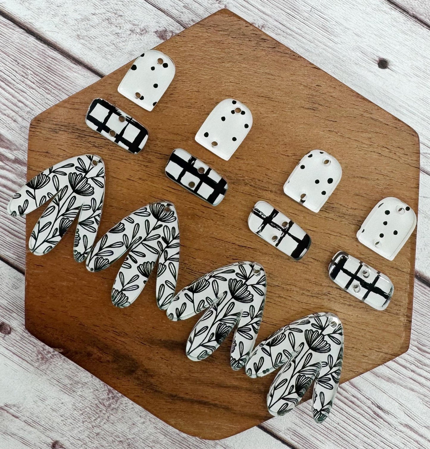 Black and White Floral Geometric Print Boho Acrylic Trio Set Earring Blanks, DIY Jewelry Making