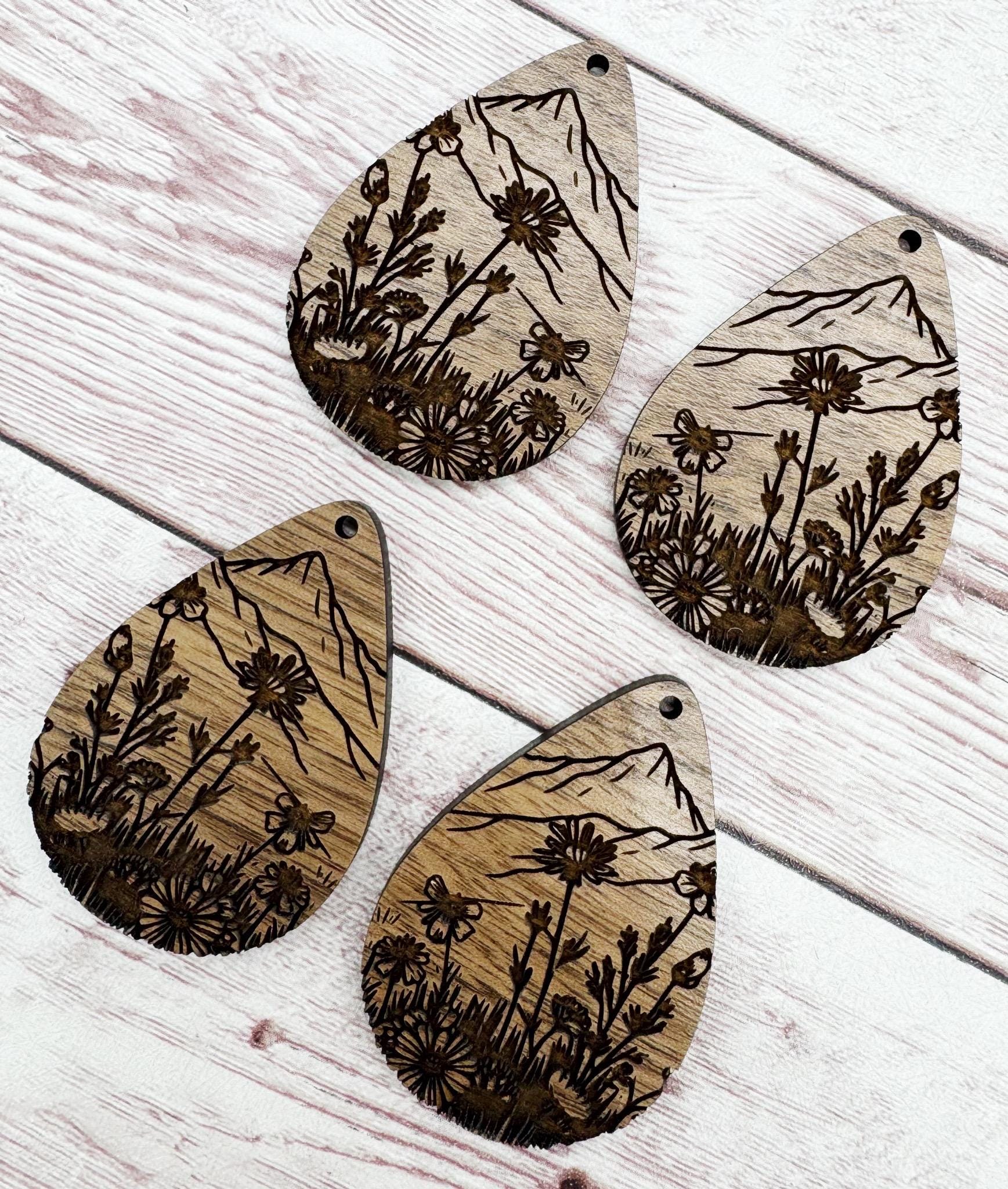 Engraved Wildflower and Mountains #1 Teardrop Earring Blanks, Finished Walnut Blank, DIY Jewelry Making