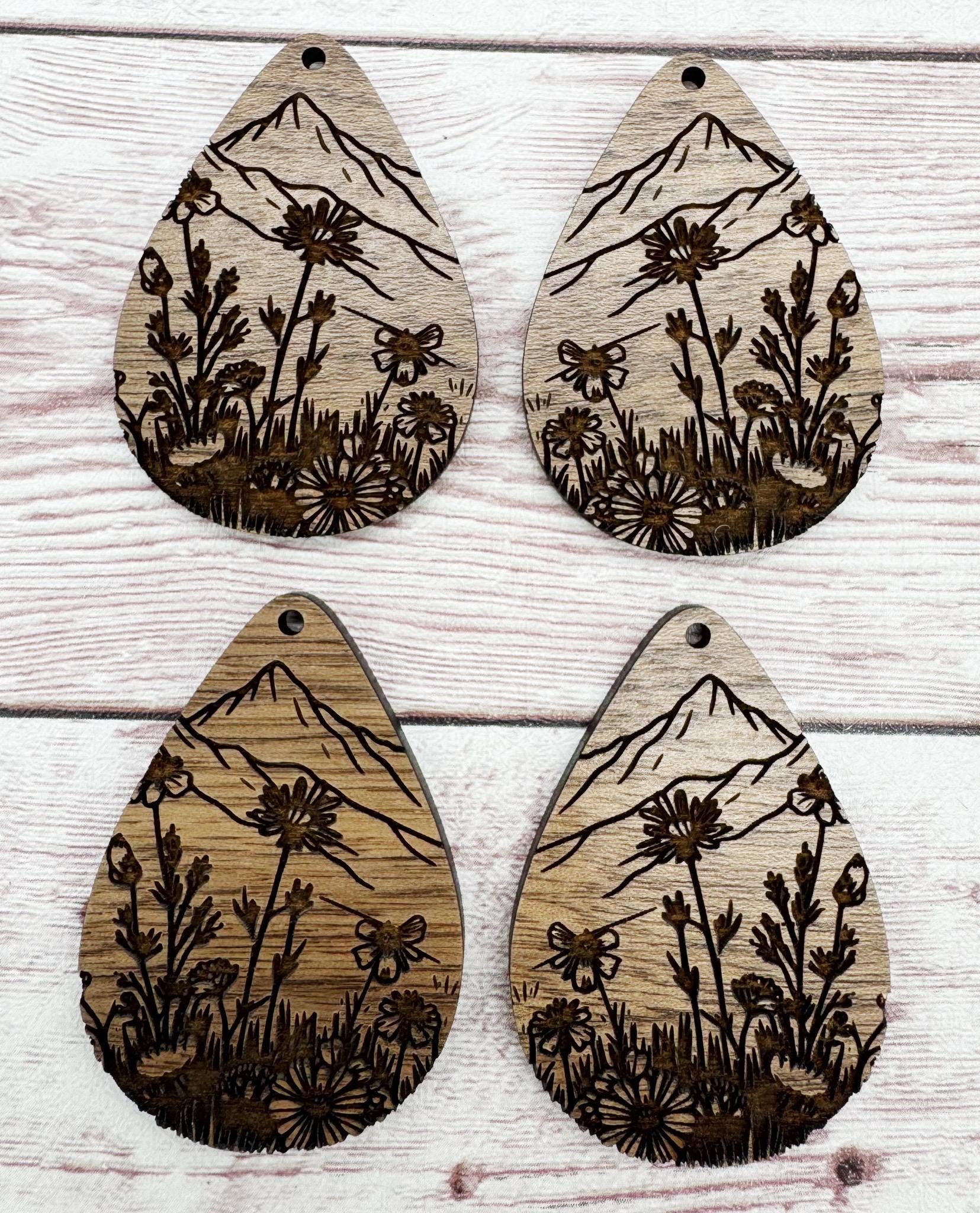Engraved Wildflower and Mountains #1 Teardrop Earring Blanks, Finished Walnut Blank, DIY Jewelry Making