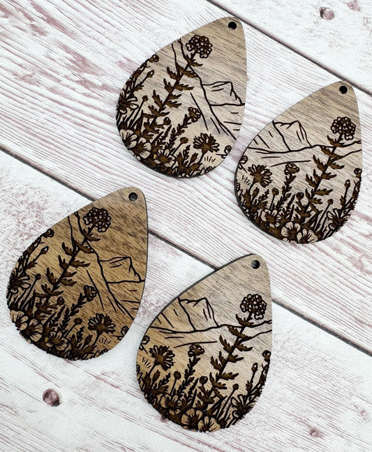 Engraved Wildflower and Mountains #2 Teardrop Earring Blanks, Finished Walnut Blank, DIY Jewelry Making