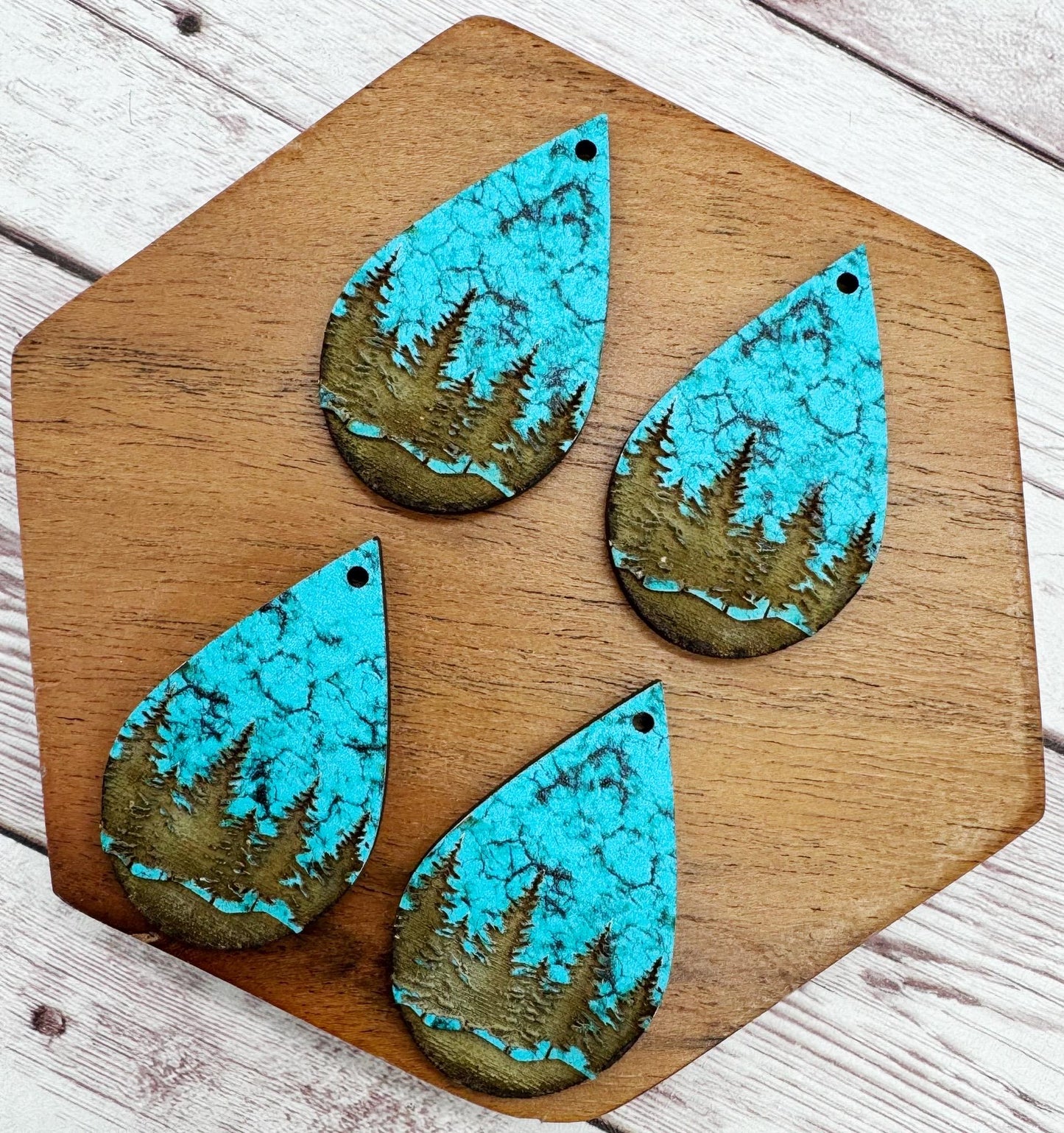 Patterned Turquoise Wood Engraved Mountains Outdoor Earring Blanks, DIY Jewelry Making