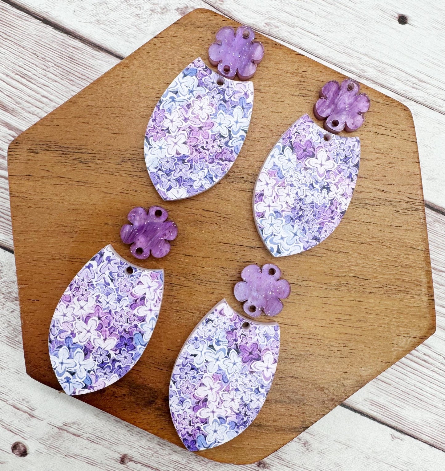 Lilac Print Acrylic and Flower Connector Set Earring Blanks, DIY Jewelry Making