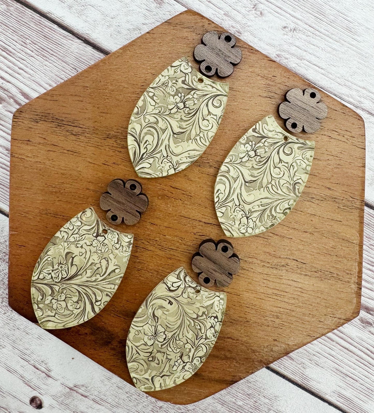 Tooled Leather Print Acrylic and Wood Flower Connector Set Earring Blanks, DIY Jewelry Making