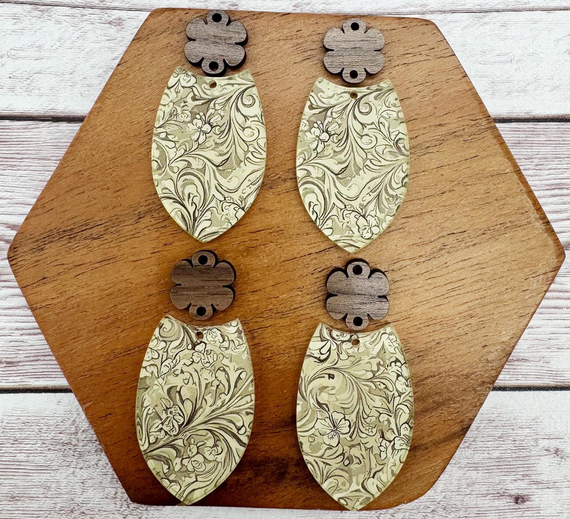 Tooled Leather Print Acrylic and Wood Flower Connector Set Earring Blanks, DIY Jewelry Making