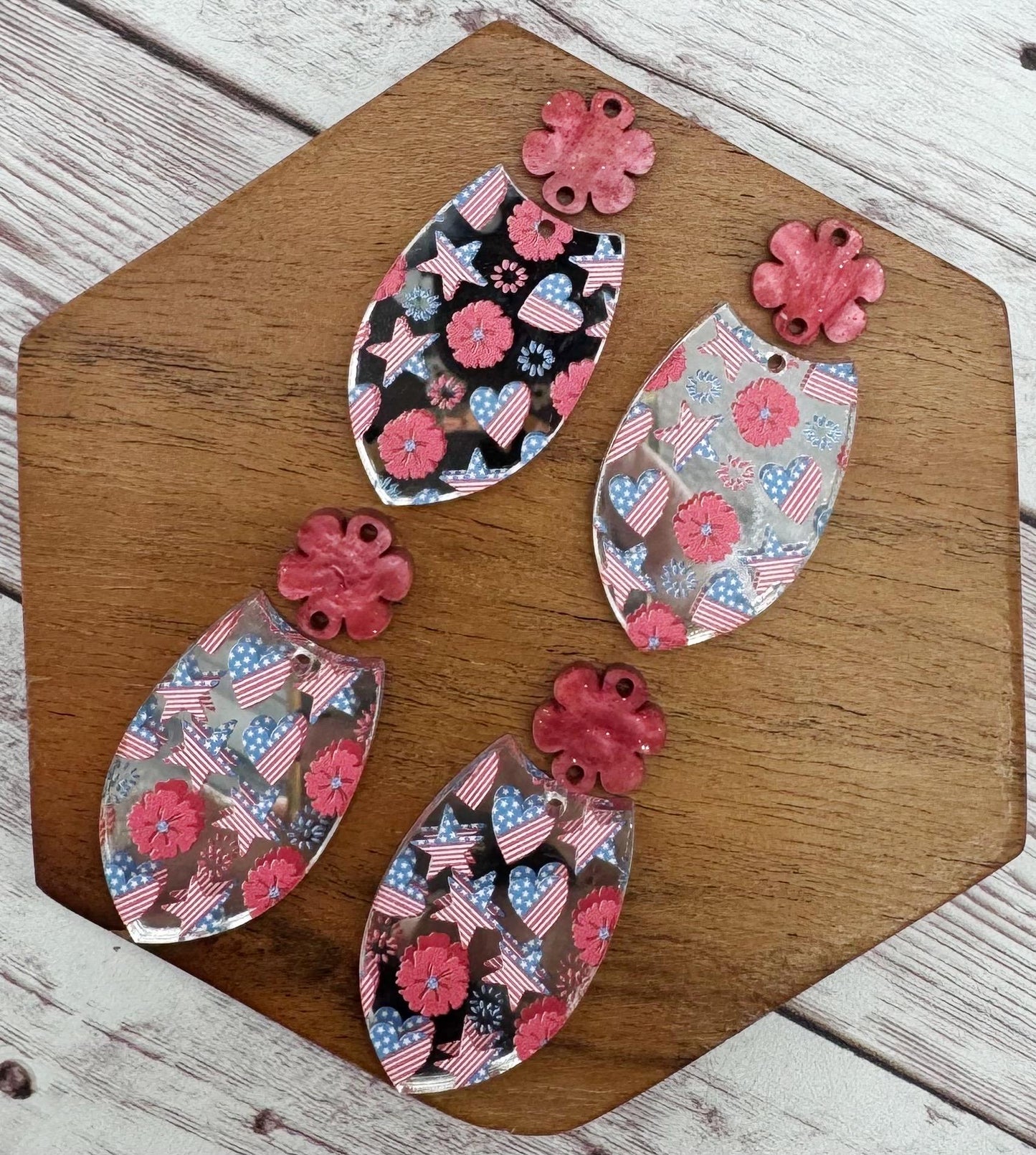 Mirrored Silver Floral and Flag Patriotic Print Acrylic and Flower Connector Set Earring Blanks, DIY Jewelry Making