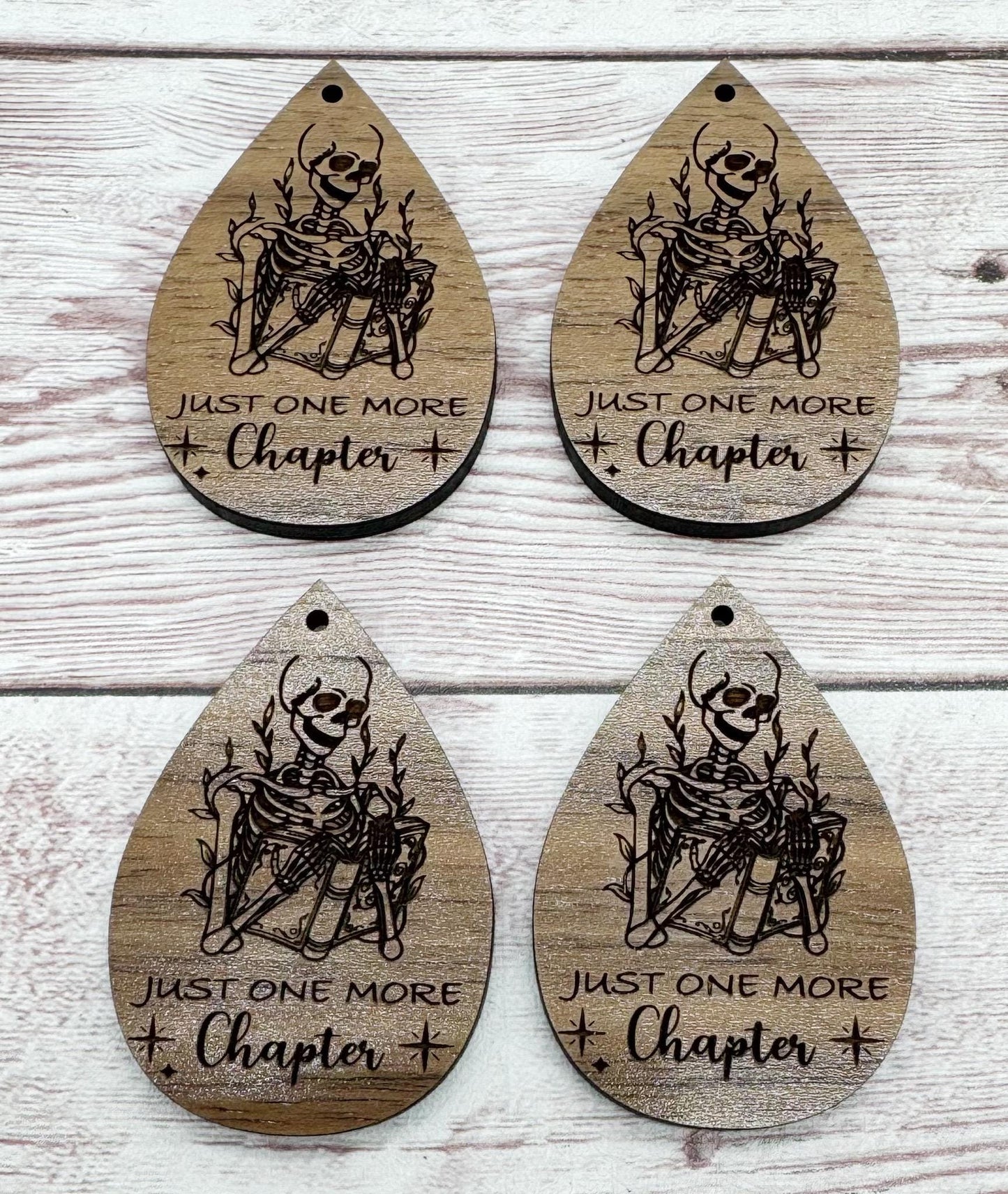 Just One More Chapter Skeleton Reading Book Engraved Teardrop Earring Blanks, Finished Walnut Blank, DIY Jewelry Making