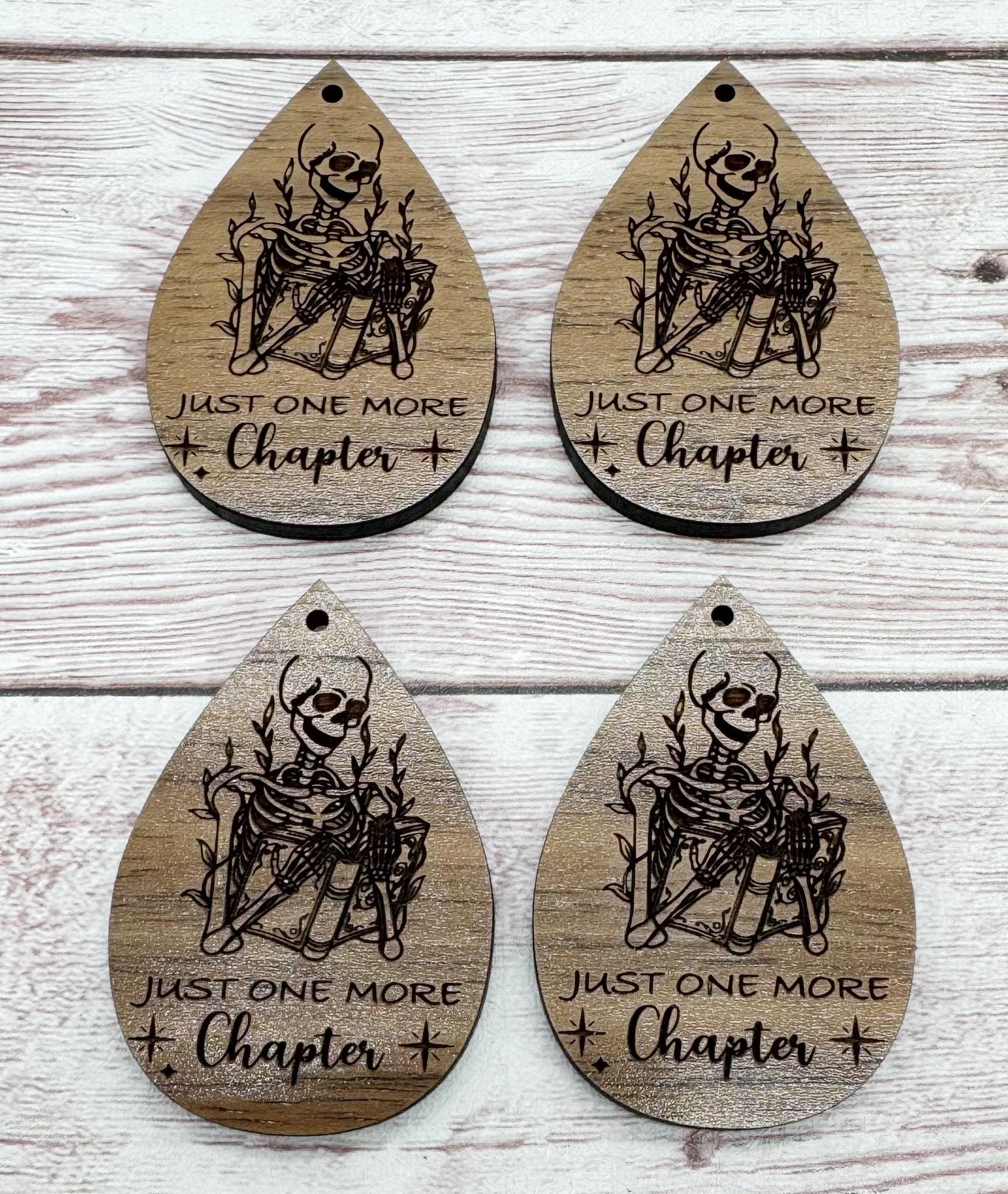 Just One More Chapter Skeleton Reading Book Engraved Teardrop Earring Blanks, Finished Walnut Blank, DIY Jewelry Making