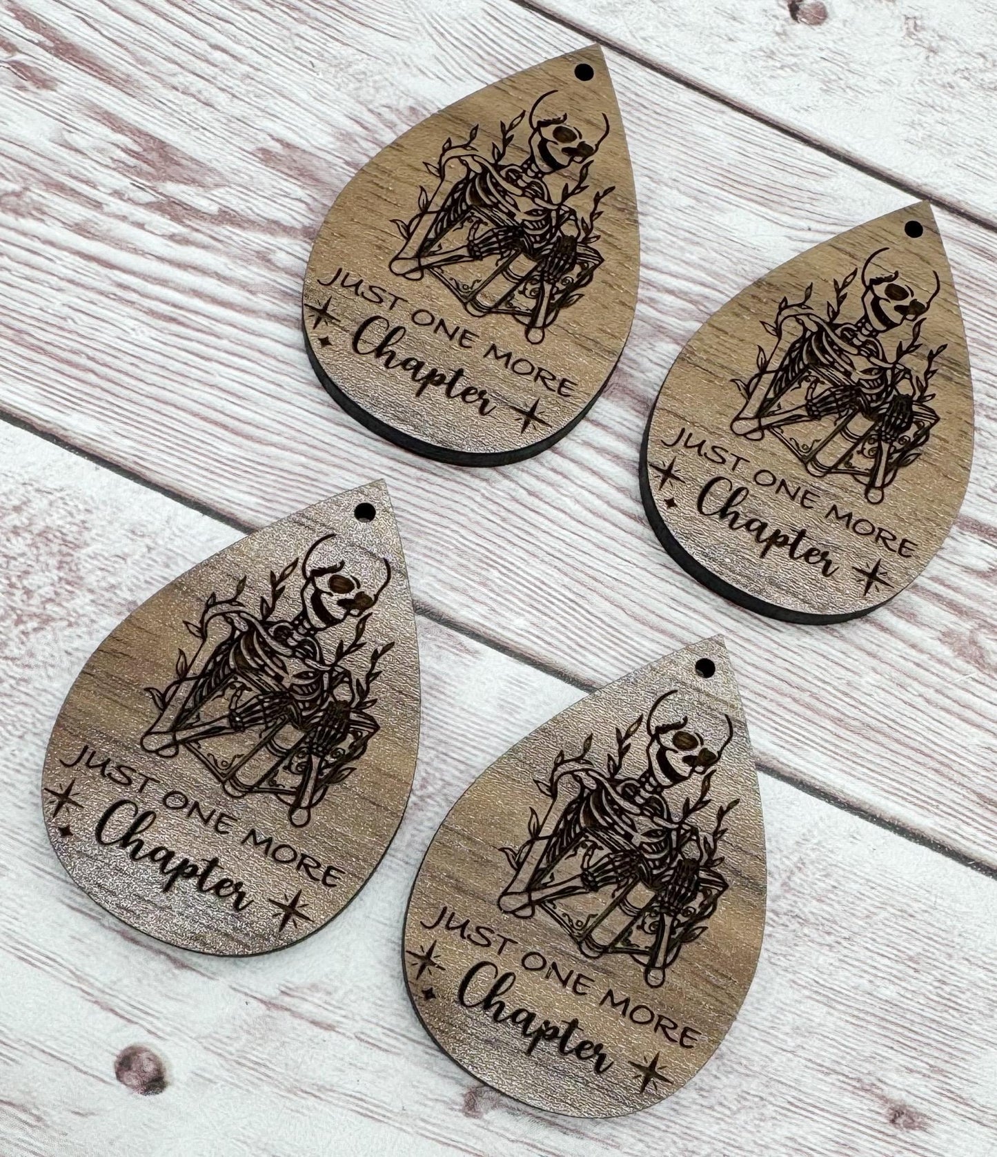 Just One More Chapter Skeleton Reading Book Engraved Teardrop Earring Blanks, Finished Walnut Blank, DIY Jewelry Making