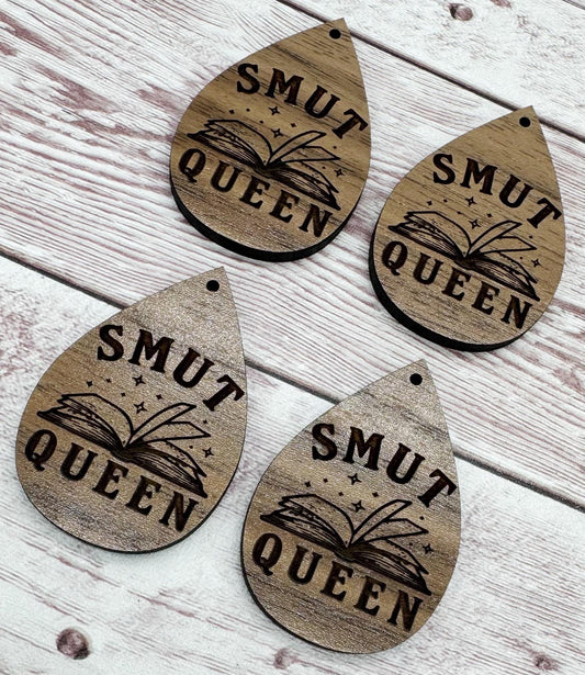 Smut Queen Book Reading Engraved Teardrop Earring Blanks, Finished Walnut Blank, DIY Jewelry Making