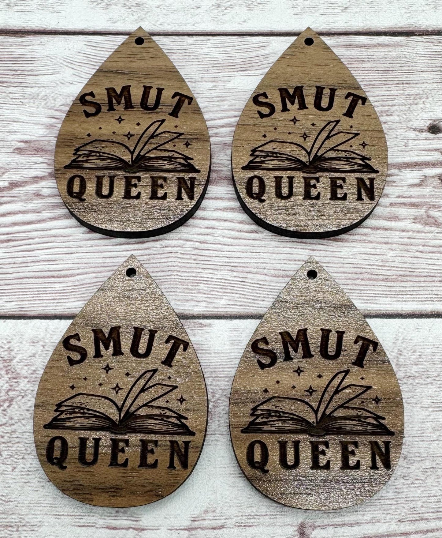 Smut Queen Book Reading Engraved Teardrop Earring Blanks, Finished Walnut Blank, DIY Jewelry Making