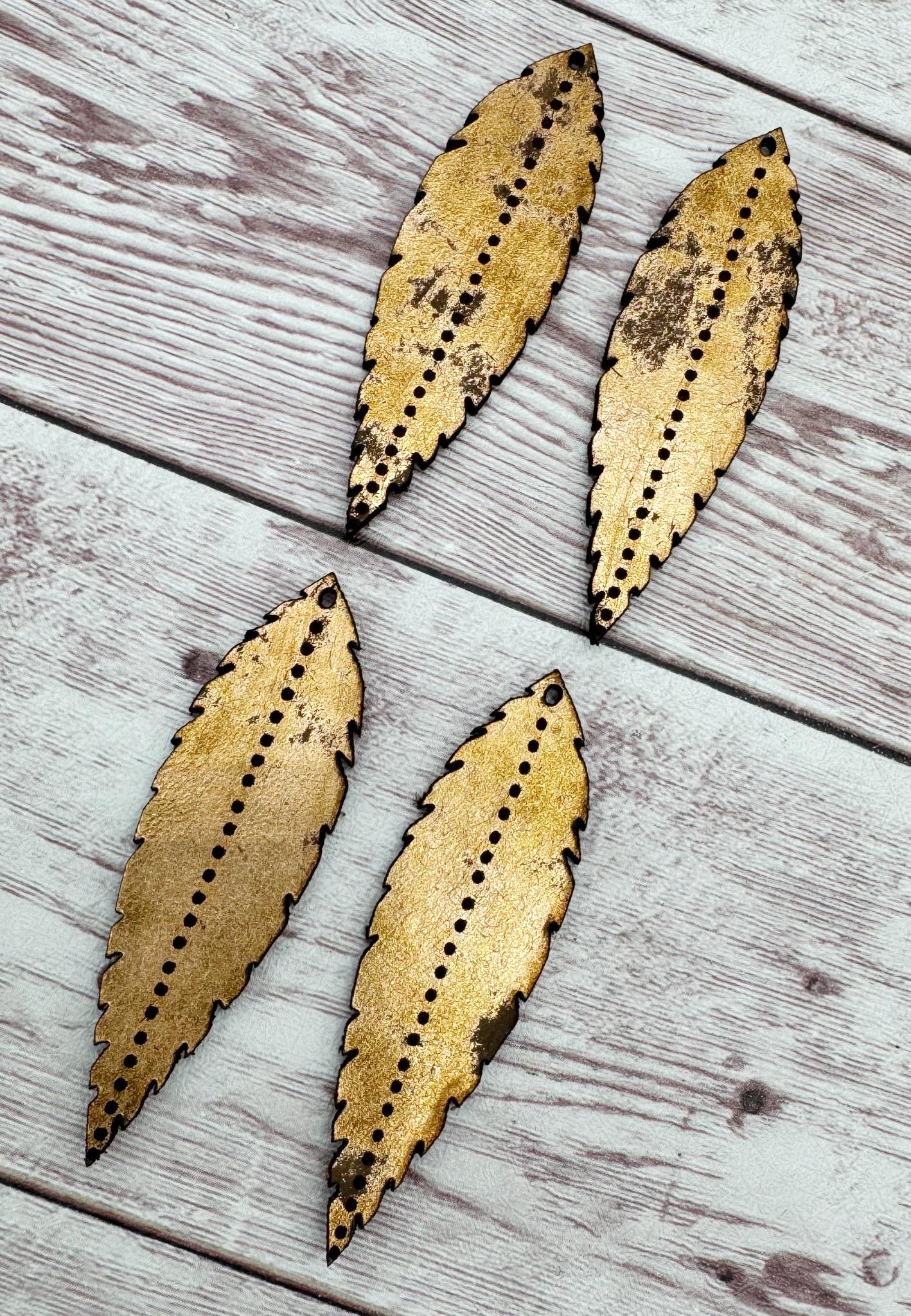 Engraved Rustic Metallic Vegetable Tanned Leather Boho Dot Feather Earring Blanks, DIY Jewelry Making