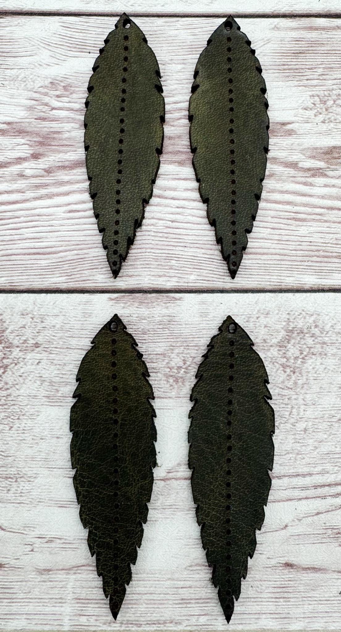 Engraved Steel Grey Vegetable Tanned Leather Boho Dot Feather Earring Blanks, DIY Jewelry Making
