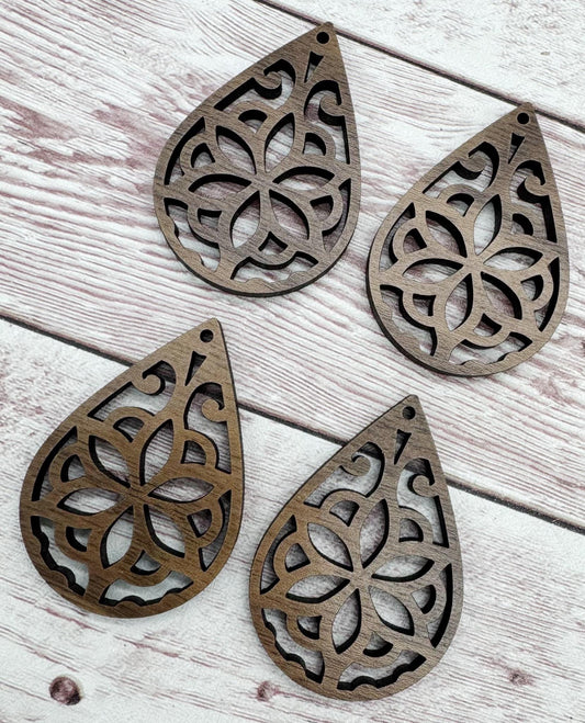 Wood Teardrop Flower Cutout #2 Earring Blanks, Finished Walnut Blank, DIY Jewelry Making