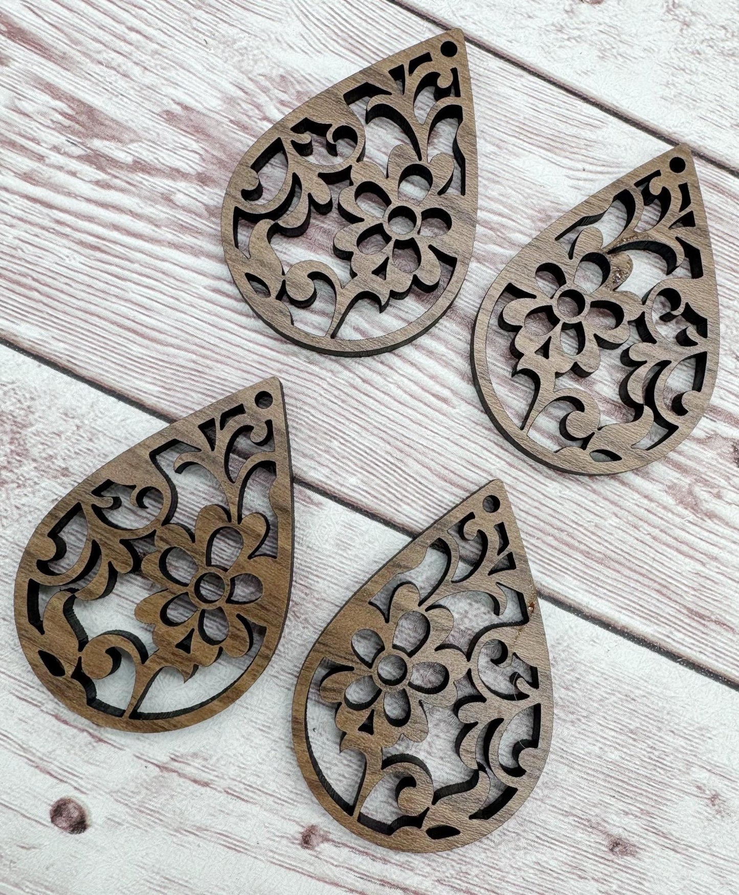 Wood Teardrop Flower Cutout #3 Earring Blanks, Finished Walnut Blank, DIY Jewelry Making