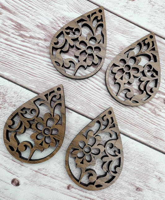 Wood Teardrop Flower Cutout #3 Earring Blanks, Finished Walnut Blank, DIY Jewelry Making