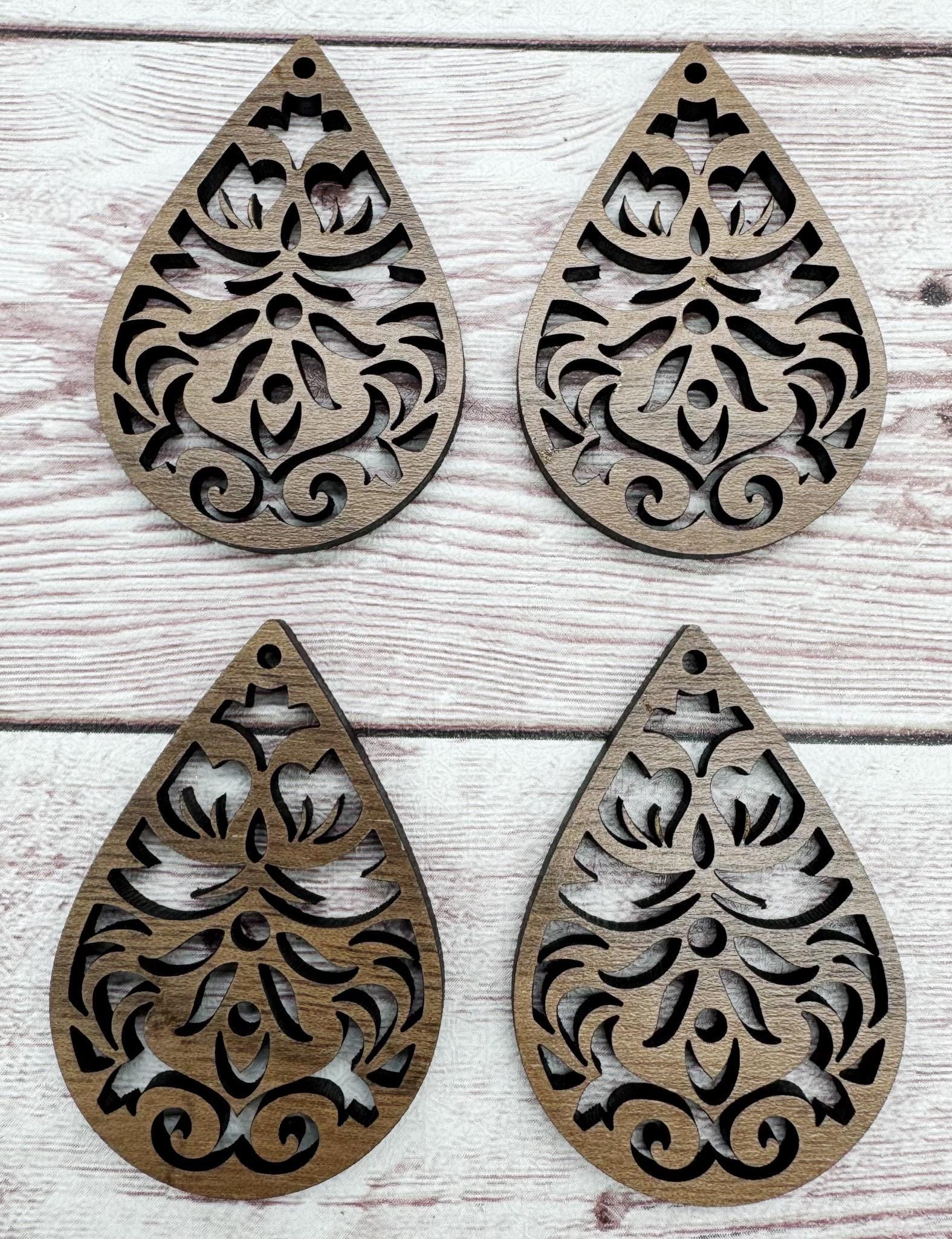 Wood Teardrop Intricate Cutout Earring Blanks, Finished Walnut Blank, DIY Jewelry Making