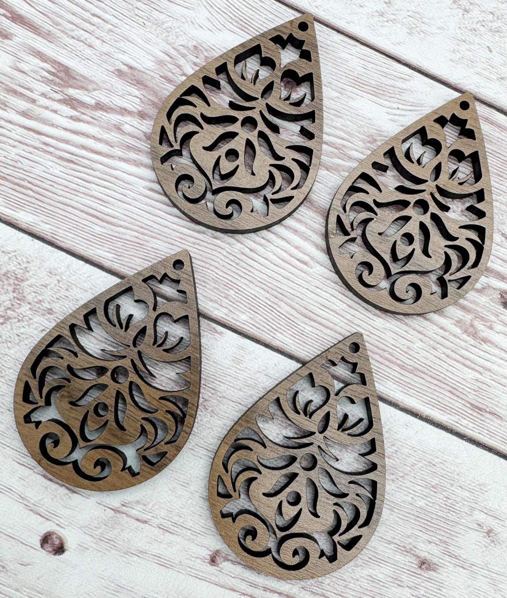 Wood Teardrop Intricate Cutout Earring Blanks, Finished Walnut Blank, DIY Jewelry Making
